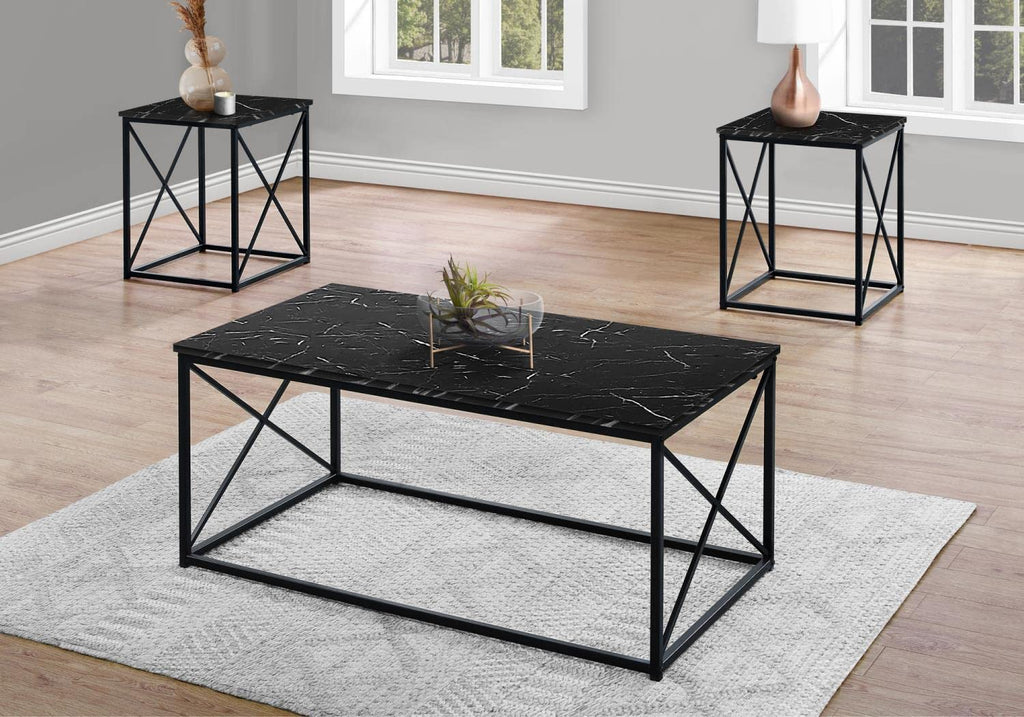 Monarch Specialties 7954P Table, 3pcs Set, Coffee, End, Side, Accent, Living Room, Metal, Laminate, Black Marble Look, Contemporary, Modern Set-3Pcs, 42.25' L x 22' W x 18.25' H