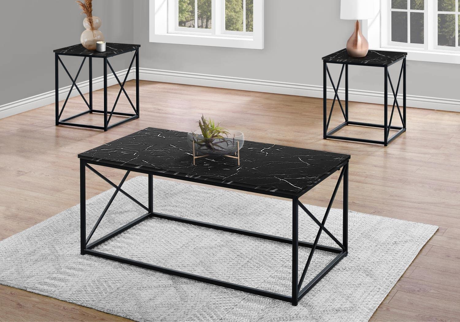 Monarch Specialties 7954P Table, 3pcs Set, Coffee, End, Side, Accent, Living Room, Metal, Laminate, Black Marble Look, Contemporary, Modern Set-3Pcs, 42.25' L x 22' W x 18.25' H