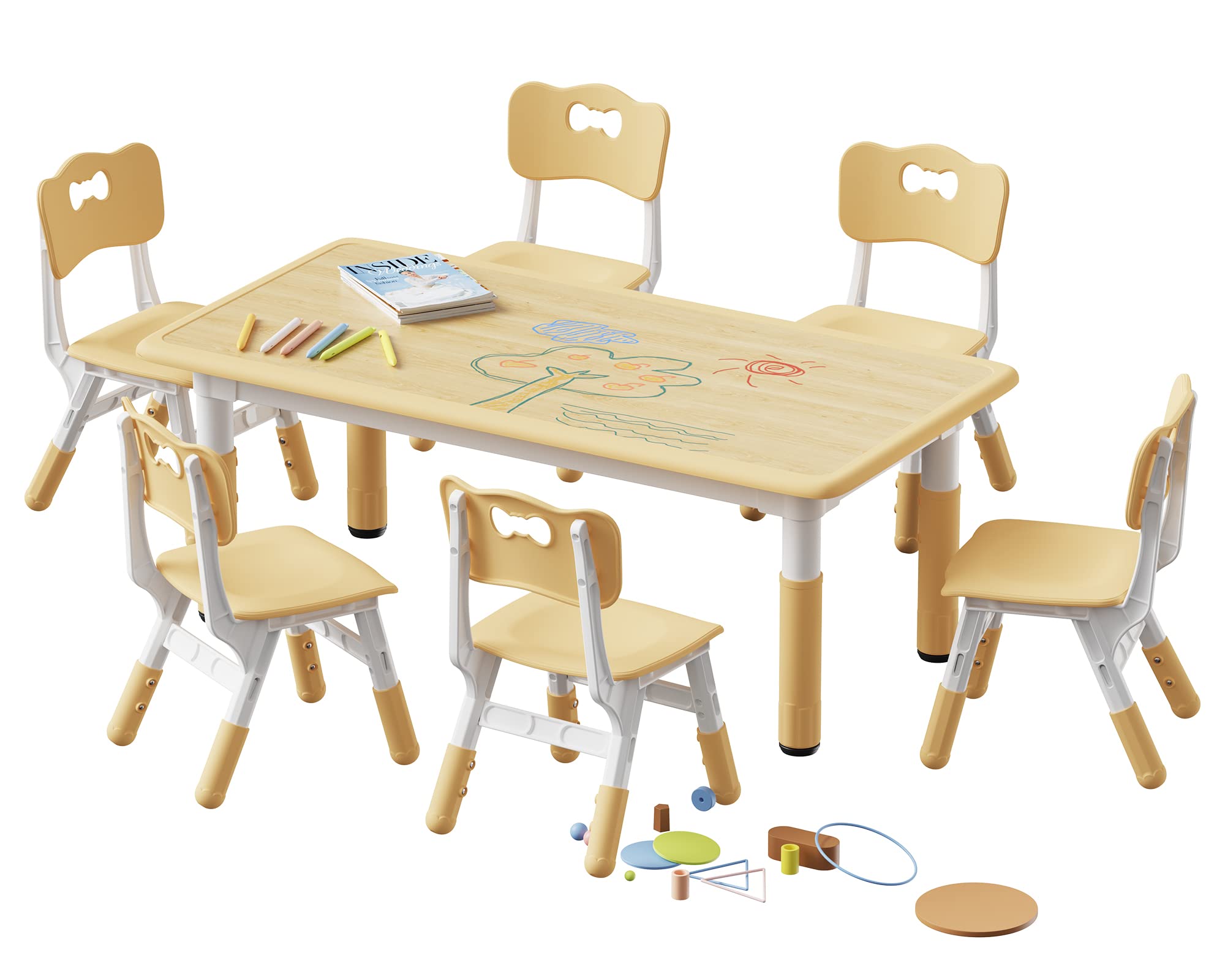 Brelley Kids Table and 6 Chairs Set, Height Adjustable Toddler Table and Chair Set, Graffiti Desktop, Classroom/Daycare/Home, Ch