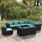vidaXL Patio Lounge Set - 9 Pieces, Poly Rattan Construction, Sturdy Powder-Coated Steel Frame, Includes Cushions, Water-Resistant, Black with Water Blue Cushions