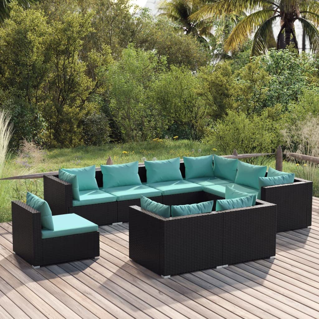 vidaXL Patio Lounge Set - 9 Pieces, Poly Rattan Construction, Sturdy Powder-Coated Steel Frame, Includes Cushions, Water-Resistant, Black with Water Blue Cushions