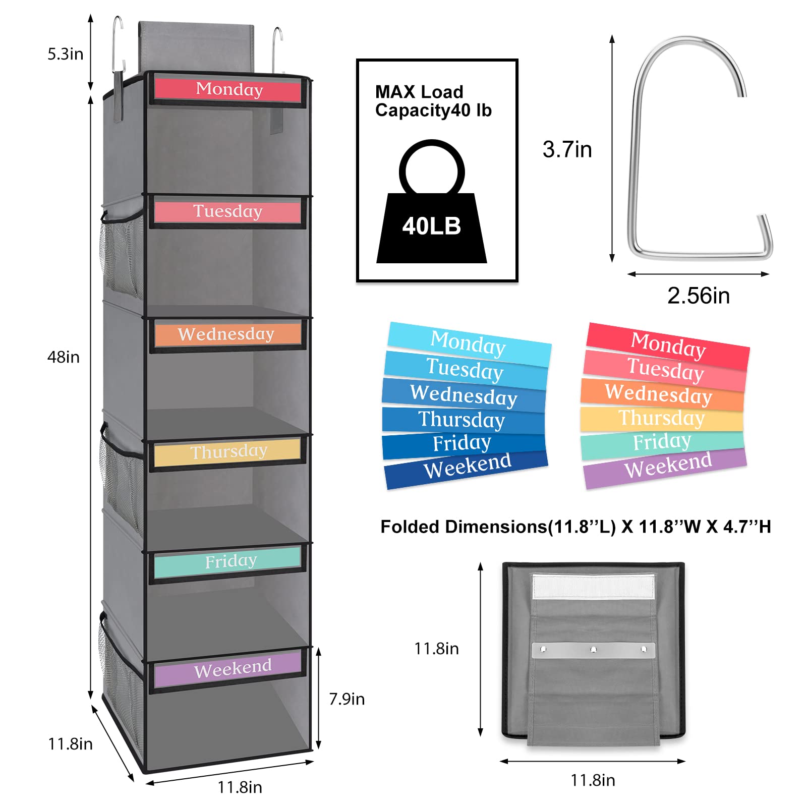 Fixwal 6-Shelf Weekly Hanging Closet Organizer For Kids With 6 Side Pockets, Weekday Kids Clothes Organizers Monday Through Frid