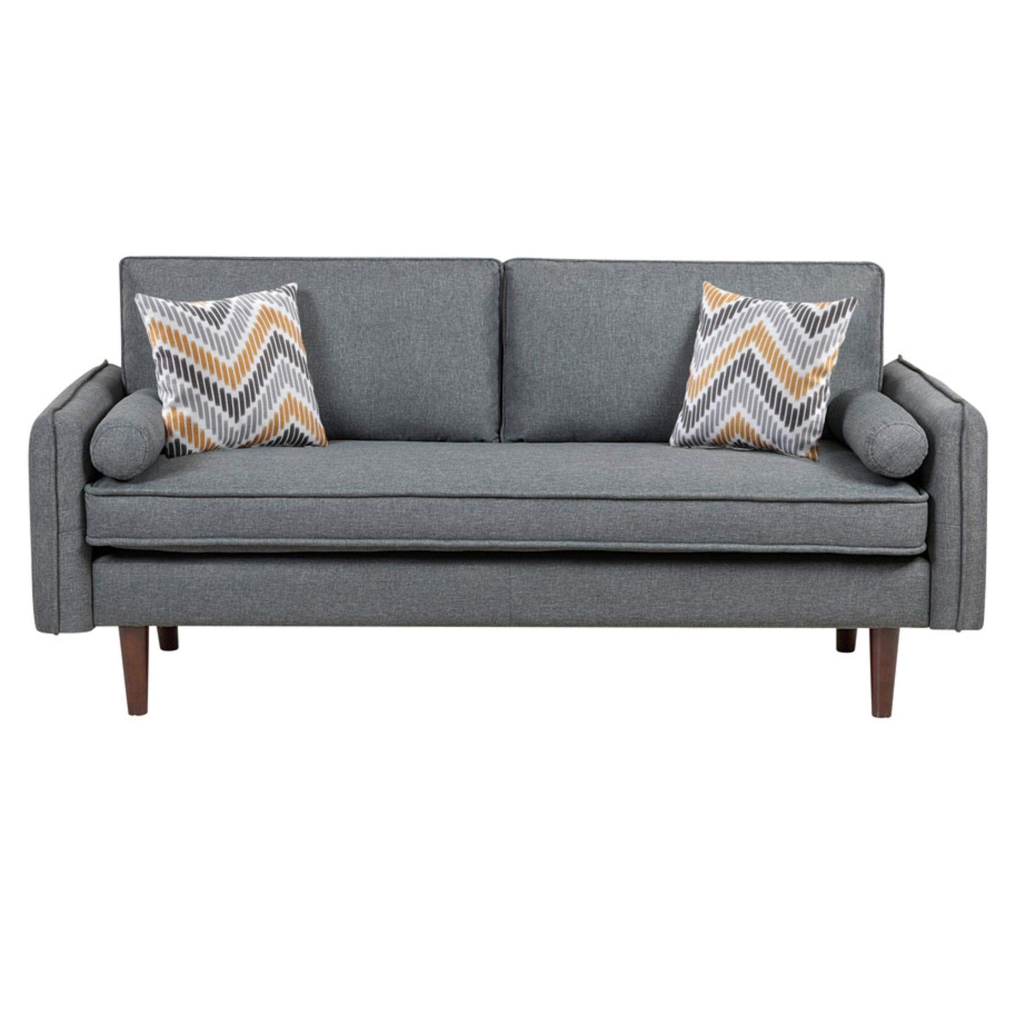 Lilola Home Mia Mid-Century Modern Gray Linen Sofa Couch with USB Charging Ports & Pillows