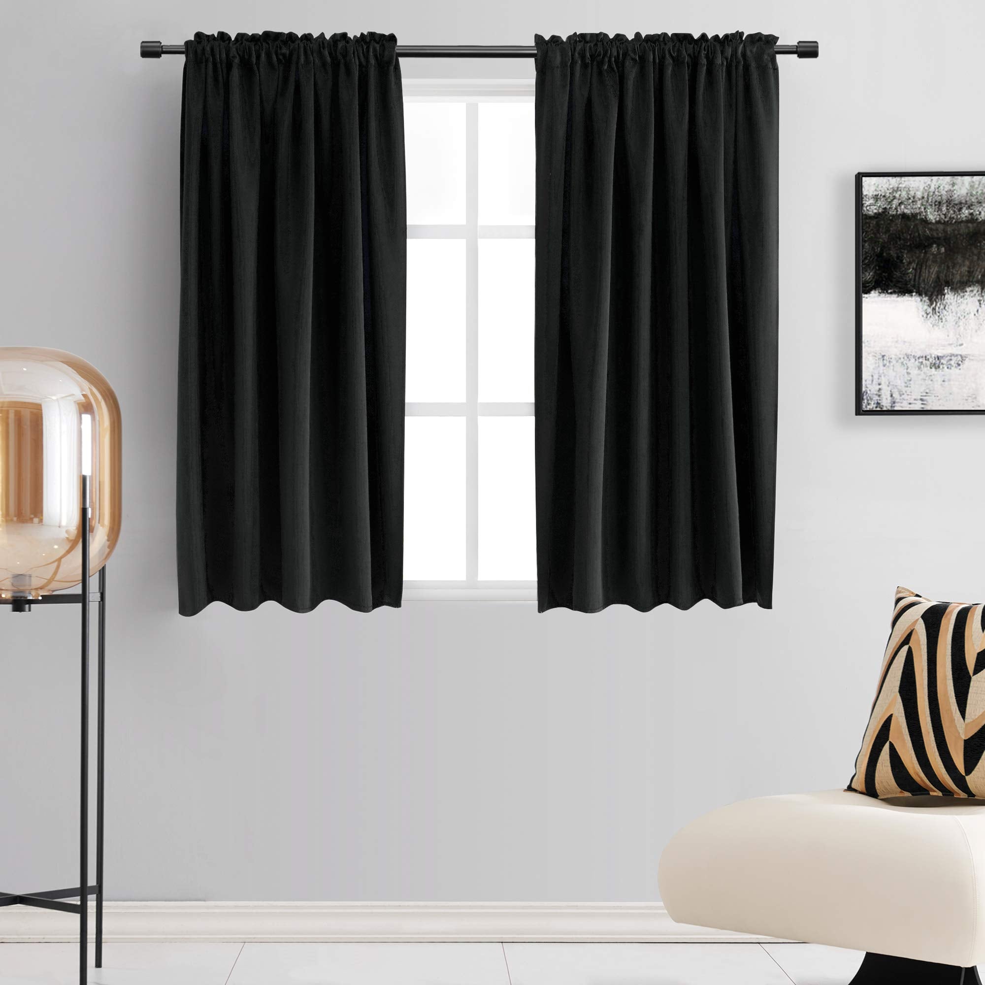Donren 48 Inch Length Short Curtains For Kitchen - Small Window Treatment Rod Pocket Blackout Curtain Drapes (1 Pair,Black,52 Inches Wide By 48 Inches Long)