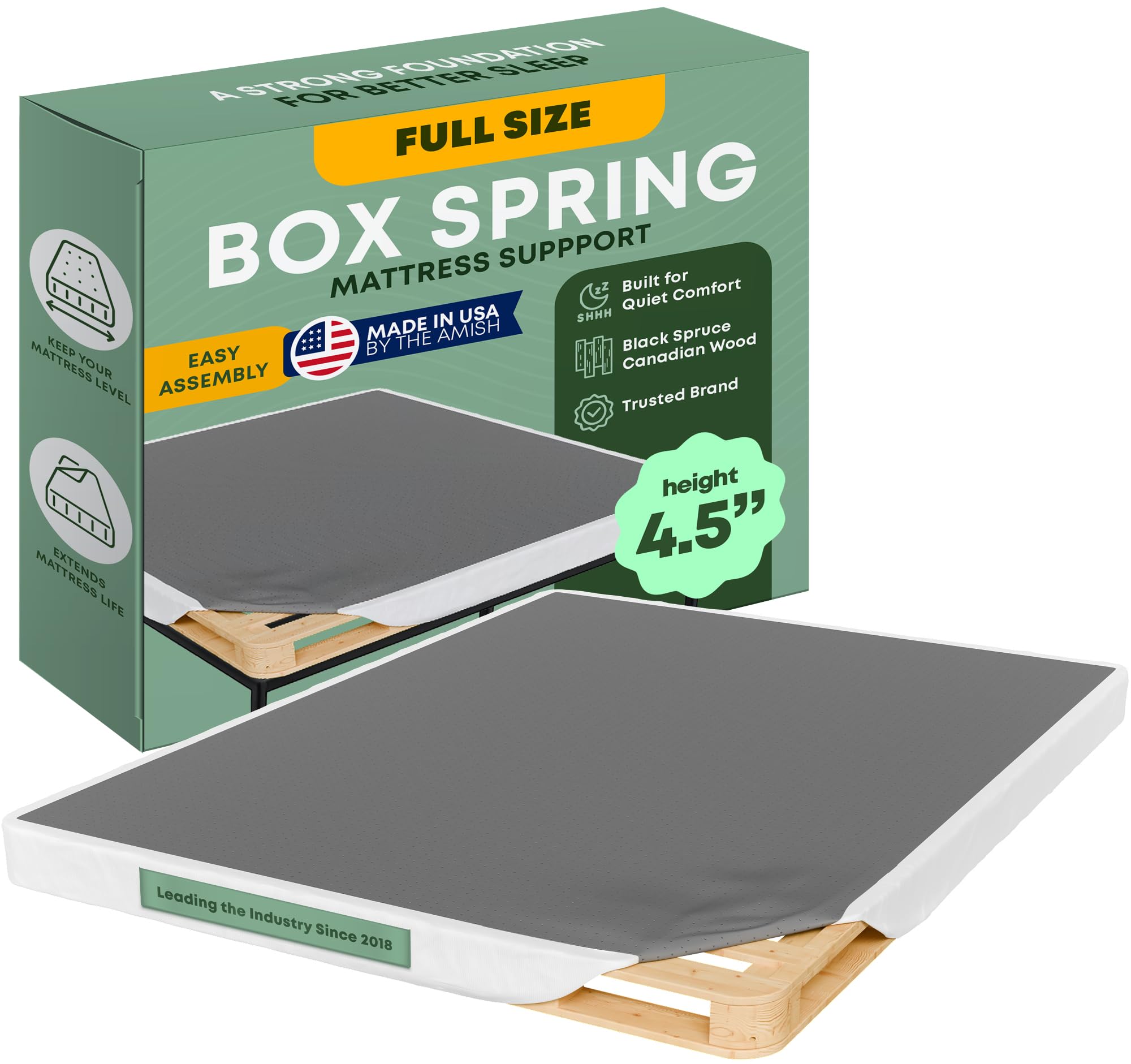 Greaton, Unassembled Full Bed Inch Wood Box Spring Only - Amish Made in USA - Quiet Noise-Free Replacement Mattress Packed Flat,