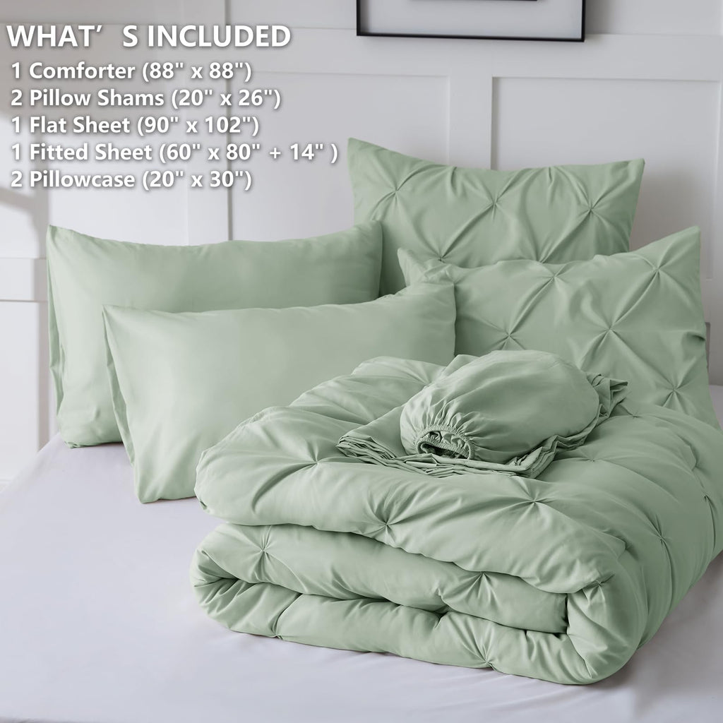 Himhimeet Sage Green Comforter Set Queen 7 Pieces Green Comforter Queen Bedding Set Pintuck Green Queen Comforter Set Pinch Plea