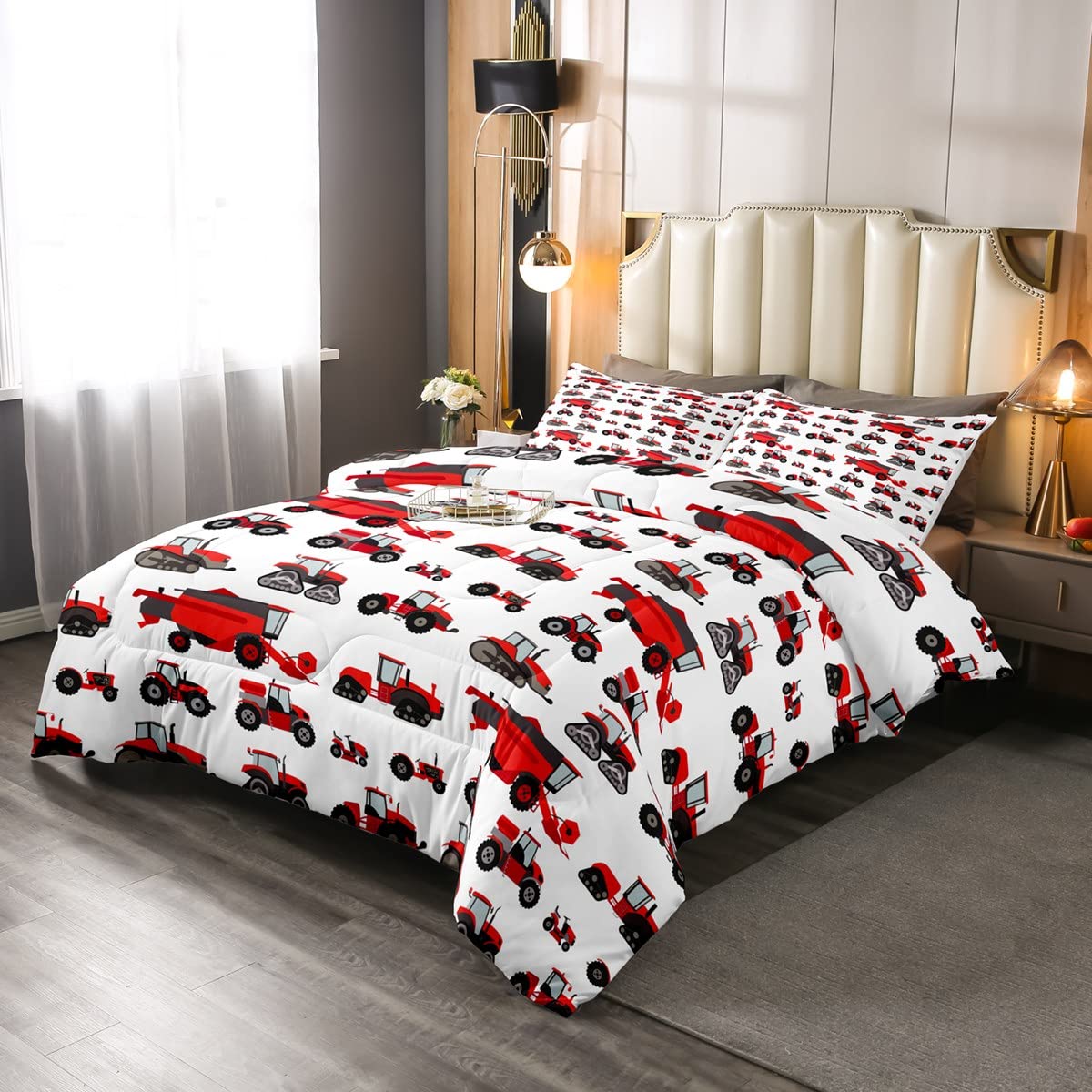 Erosebridal Red Tractor Comforter Set Twin Size Heavy Equipment Truck Down Comforter Kids Boys Girls Teens Harvester Tractor Bed