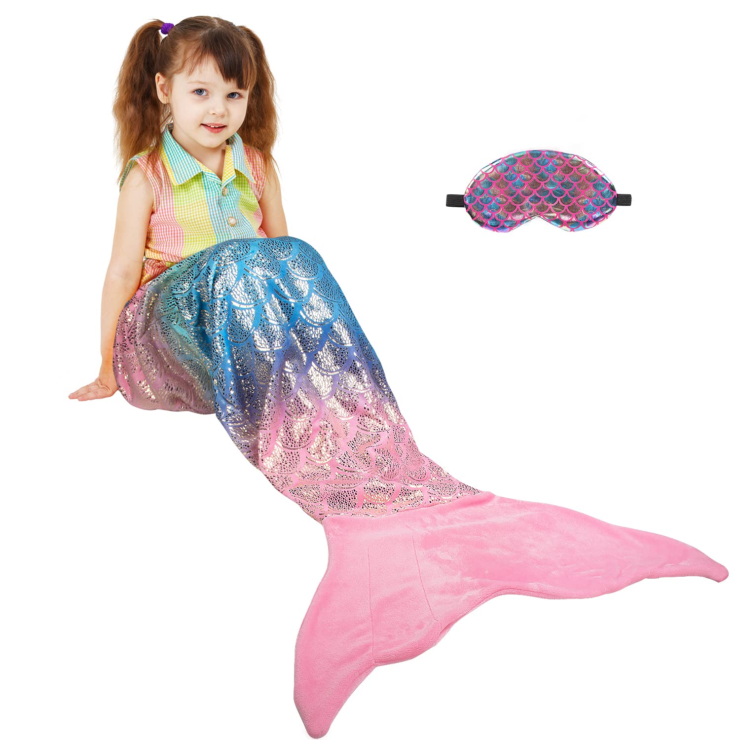Catalonia Kids Mermaid Tail With Sleep Mask, Super Soft Flannel Sleeping Snuggle Blanket For Girls, Fish Scale Pattern, Birthday