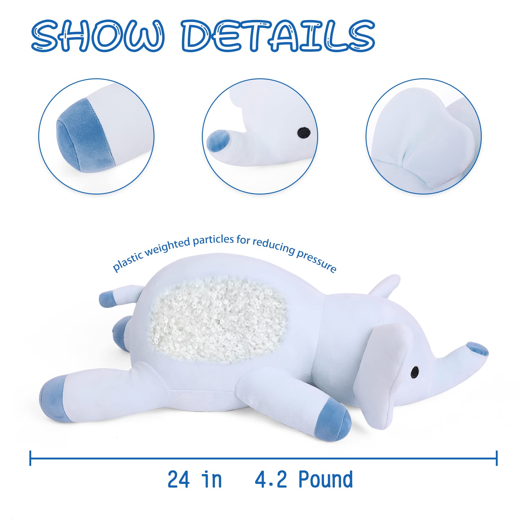 24' 4.2Lbs Elephant Weighted Stuffed Animals,Cute Cuddle Plushie Toy Weighted Elephant Plush Throw Pillow For Children Kids Adu