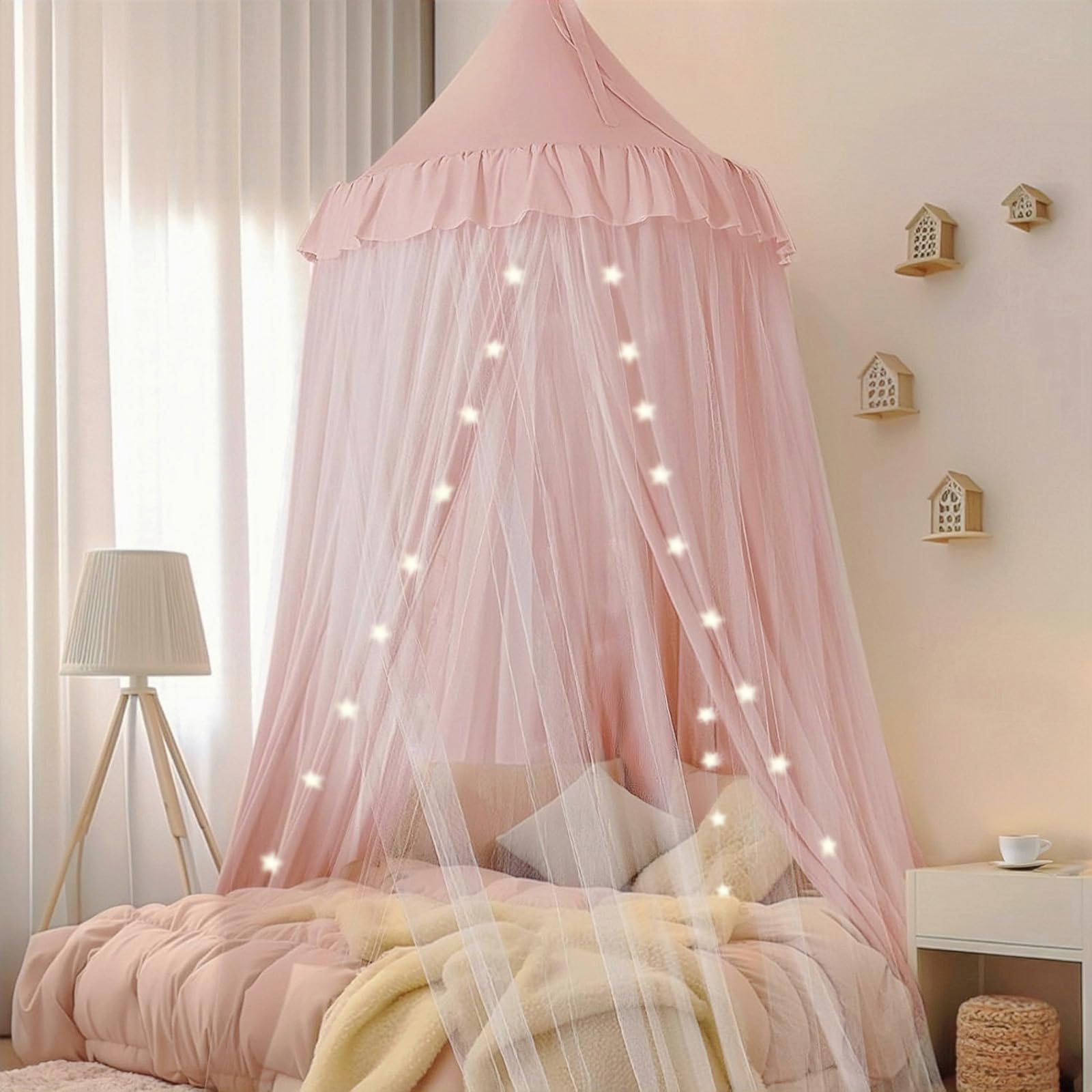 Soft Pink Bed Canopy with Star Lights, Double Layer Mosquito Net Canopy for Kids & Teen Girls, Princess Play Tent for Little Gir
