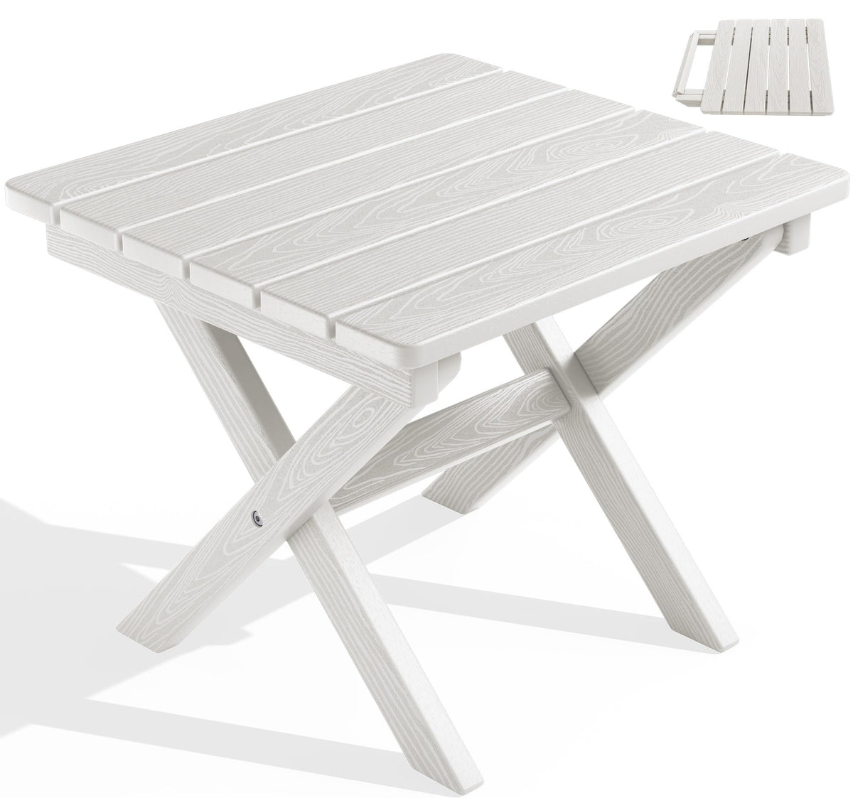 Serwall Portable Folding Adirondack Table, Hdpe Material Outdoor End Table, No Assembly Required, Weather-Resistant, 110 Lbs Capacity, Small Table For Indoor And Outdoor Uses, White