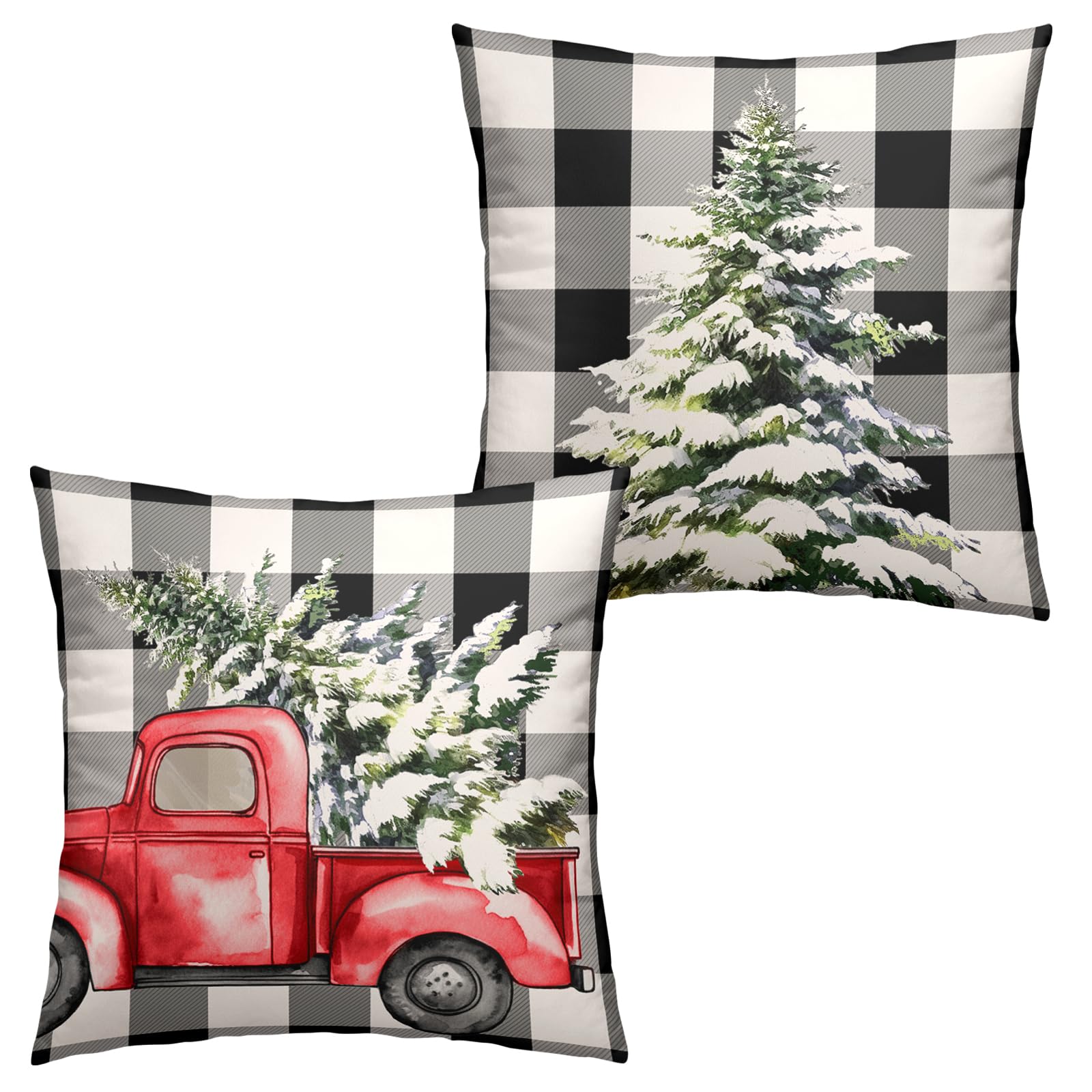 Wnoesat Winter Buffalo Plaid Pillow Covers 18X18 Set Of 2 Black And White Check Red Truck Pine Tree Throw Pillow Cover Farmhouse