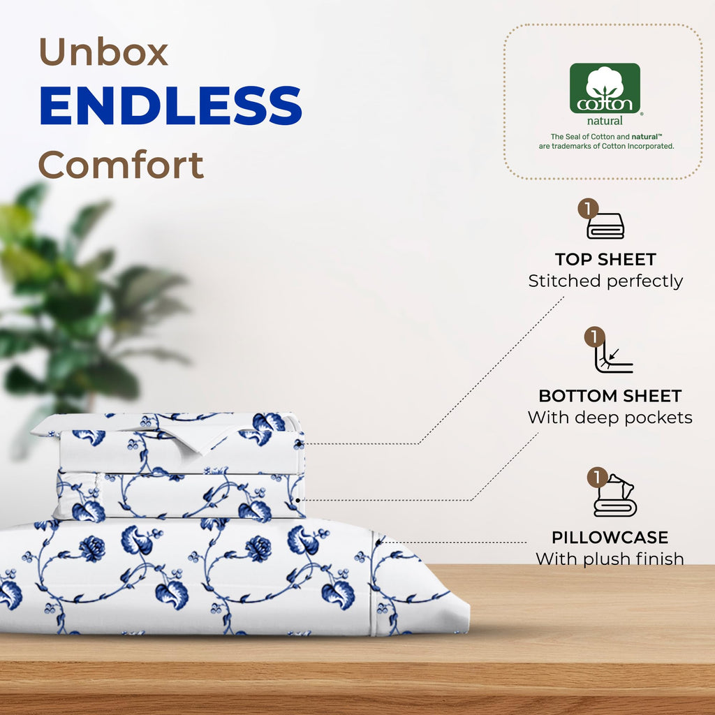 Thread Spread 100% Egyptian Cotton Printed Bed Sheets - 600 Thread Count 3 Pc Twin Sheet Set, Hotel Luxury Sateen Bedsheets, 16' Deep Pocket Soft Cooling Sheets For Twin Size Bed - Floral Blue