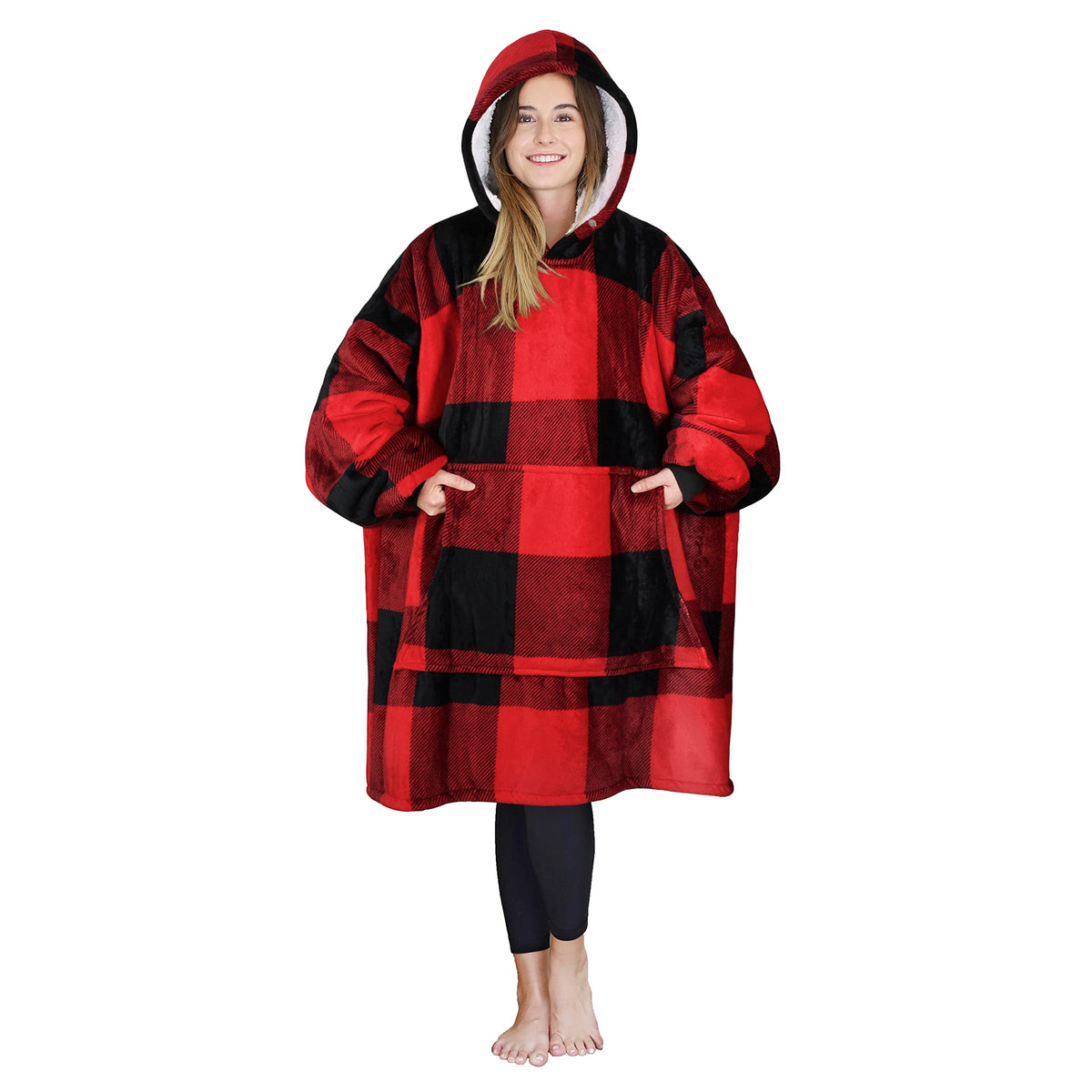 Tirrinia Red Plaid Oversized Hoodie Blanket Sweatshirt Comfortable Sherpa Giant Wearable Blankets Gift For Adults Men Women Teen