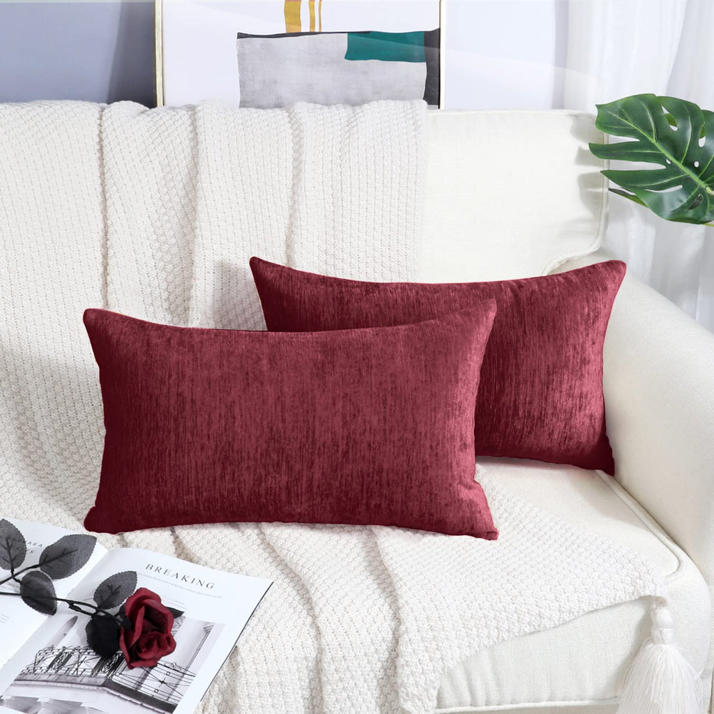 Brawarm Chenille Throw Pillow Covers 12X20 Inches - Burgundy Chenille Lumbar Pillow Covers Pack Of 2, Solid Dyed Soft Chenille P