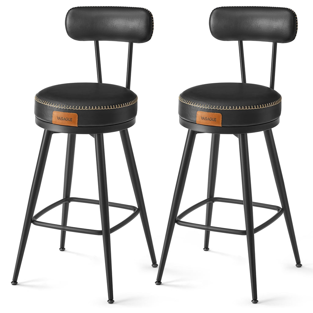 Vasagle Ekho Collection - Bar Stools Set Of 2, Counter Height Swivel Bar Stools With Back, Synthetic Leather With Stitching, Mid-Century Modern, 25.6-Inch Tall Barstools For Kitchen Bar, Ink Black