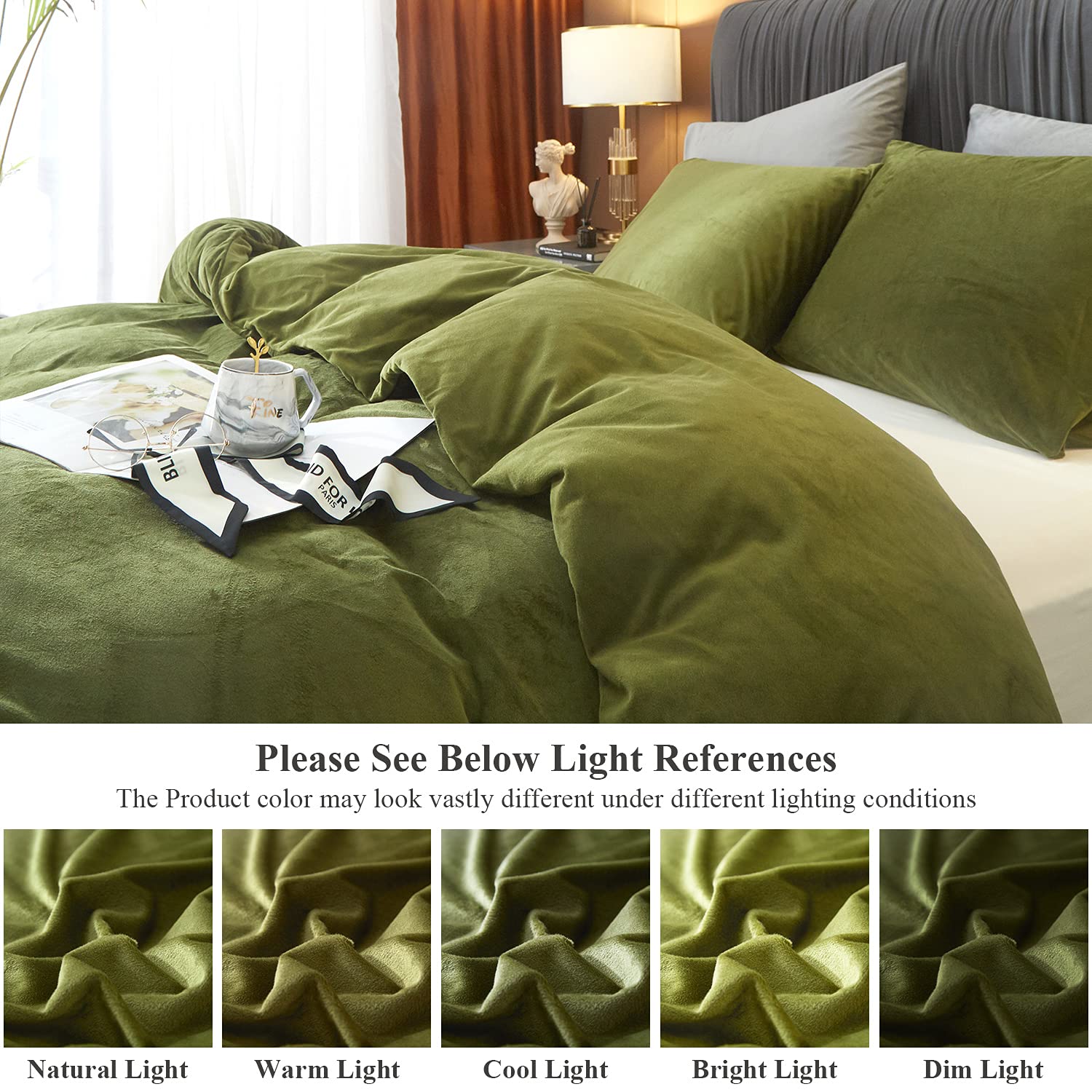 Ivellow King Size Velvet Duvet Cover Set - Ultra Soft Olive Green Flannel Bedding with Zipper Closure & Corner Ties