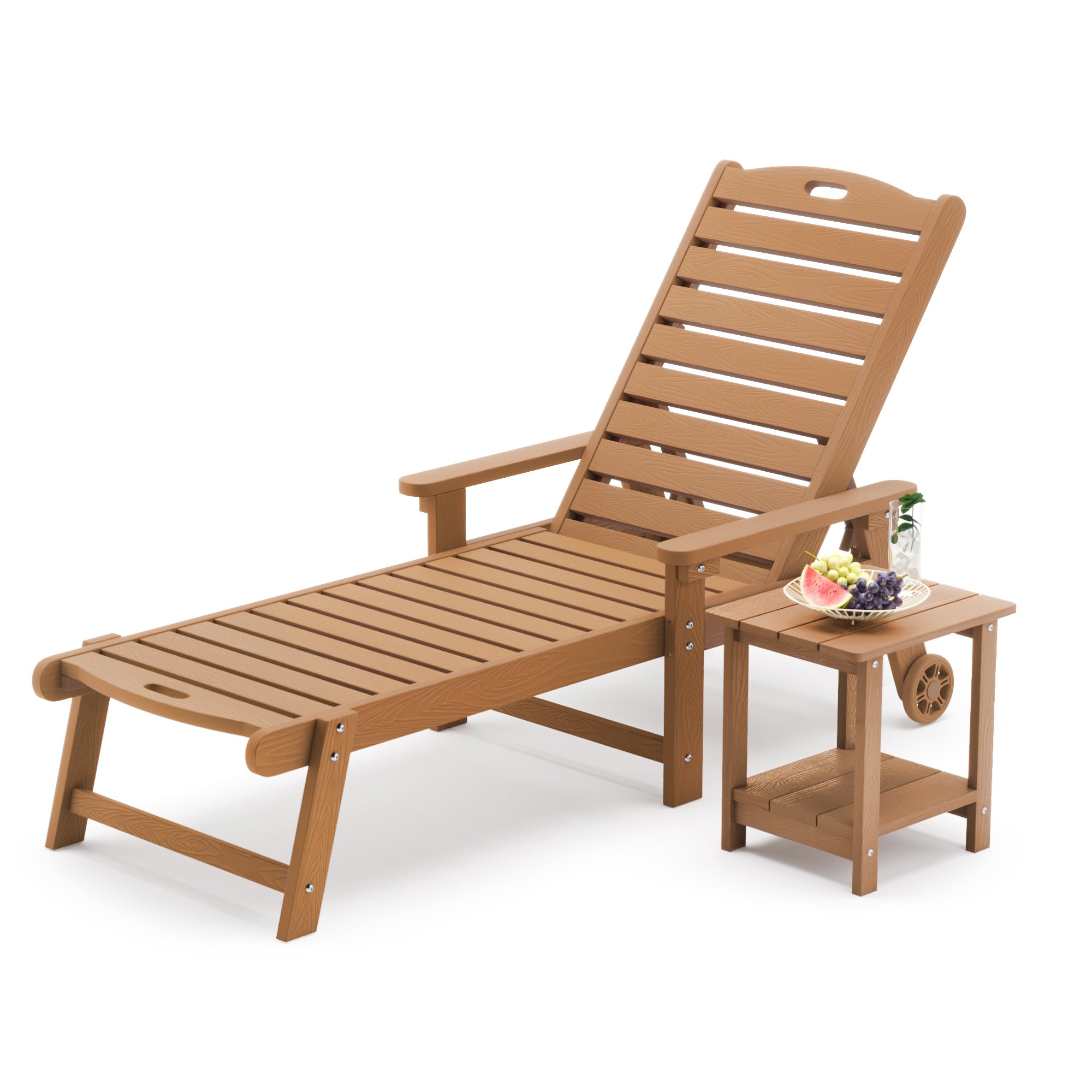 Lue Bona Chaise Lounge Chair With Table, 2-Piece, 79'' Oversized Hdps Chaise Lounger, 5 Positions Adjustable Lounge Chairs, Pool Lounge Chair With Wheels For Poolside, 3 Year Warranty, Teak Color