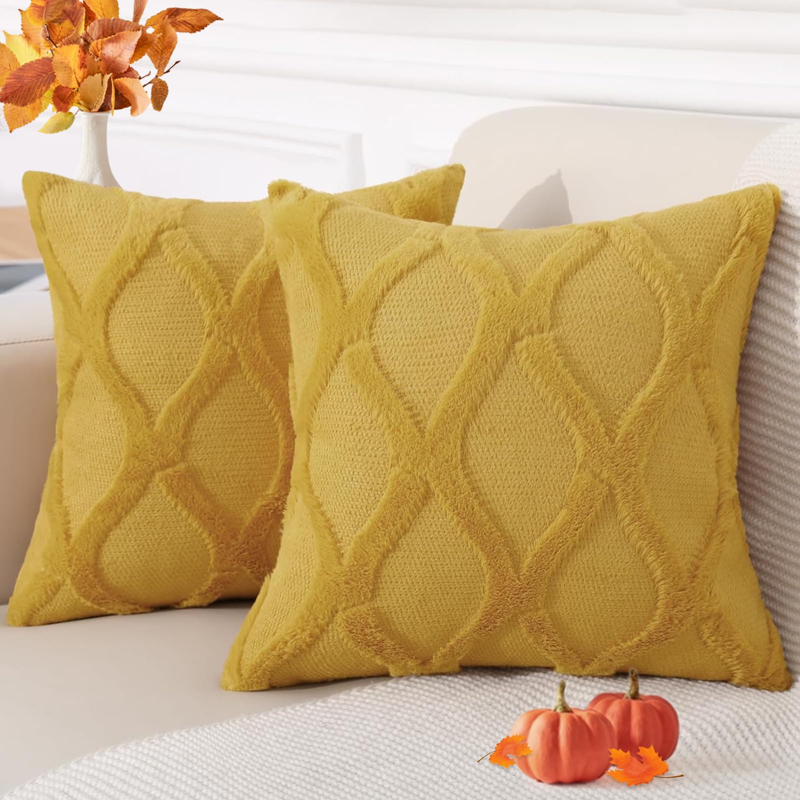 Decoruhome Throw Pillow Covers 20X20 Inch Set Of 2, Soft Plush Faux Fur Wool Mustard Yellow Couch Pillow Covers, Decorative Pillow Cases For Bed Sofa Living Room Home Decor