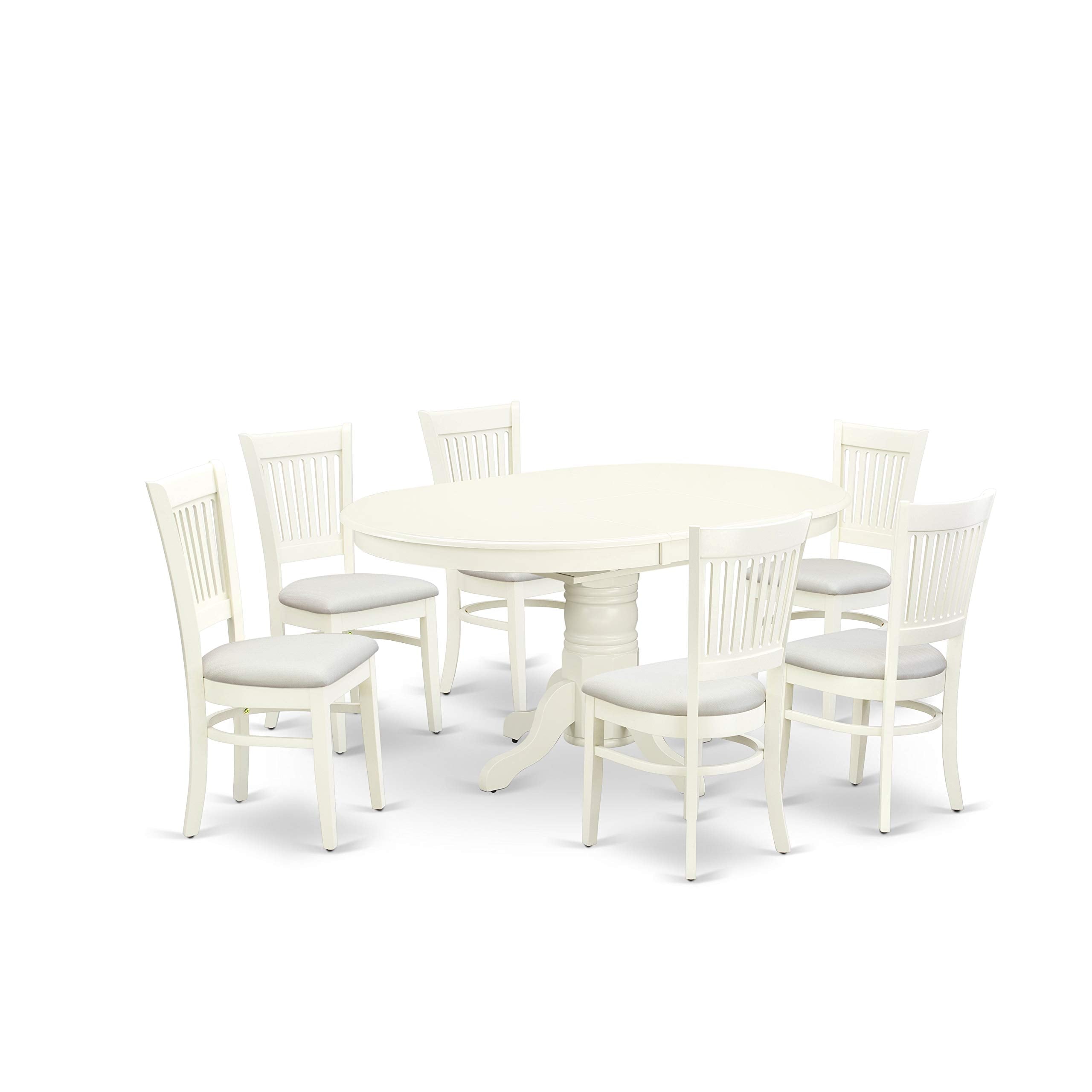 East West Furniture Avva7-Lwh-C 7 Piece Dining Room Table Set Consist Of An Oval Kitchen Table With Butterfly Leaf And 6 Linen Fabric Upholstered Dining Chairs, 42X60 Inch, Linen White