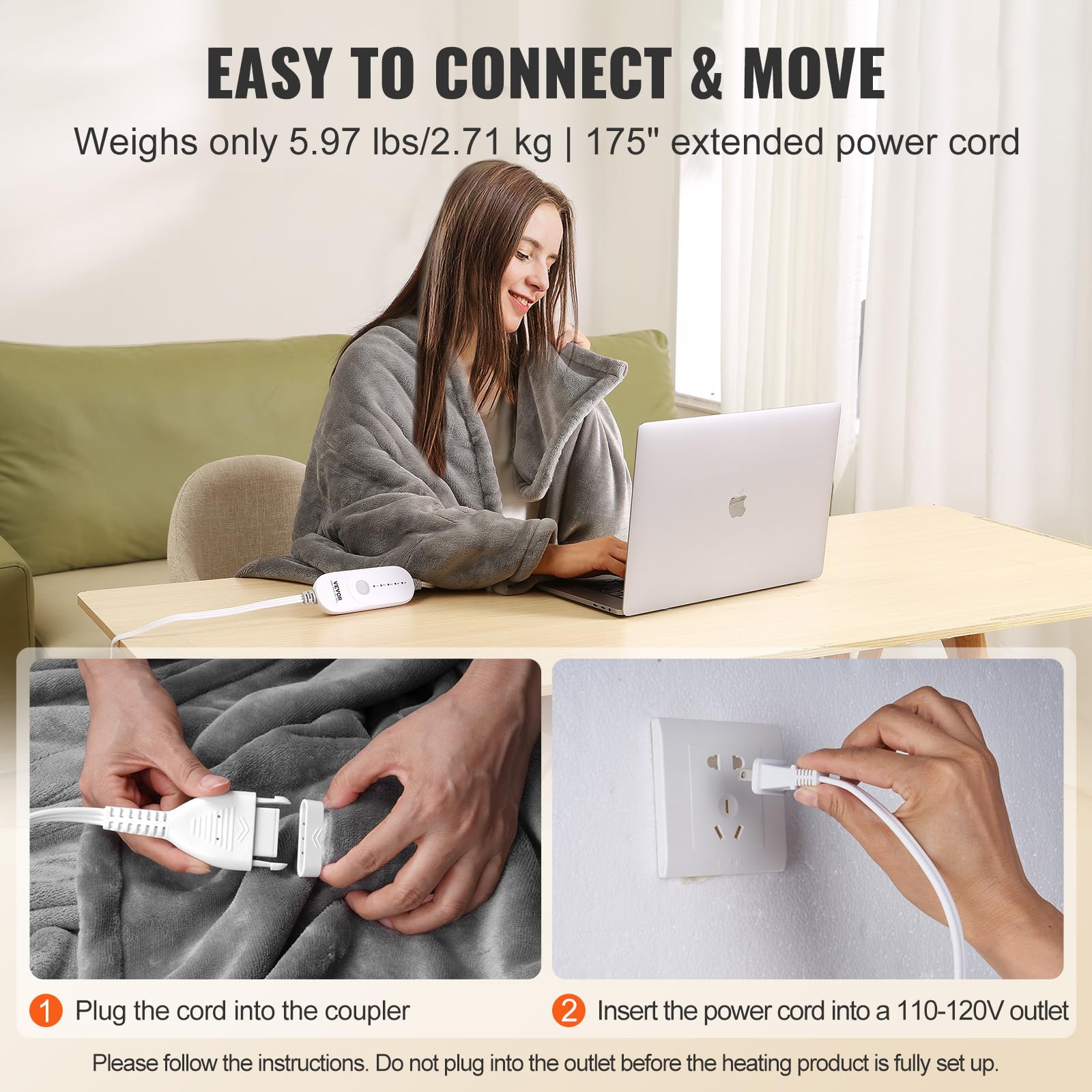 Vevor Heated Blanket Electric Throw, 72'' X 84'' Full Size, Soft Flannel Heating Blanket With 10 Hours Timer Auto-Off & 5 Heatin