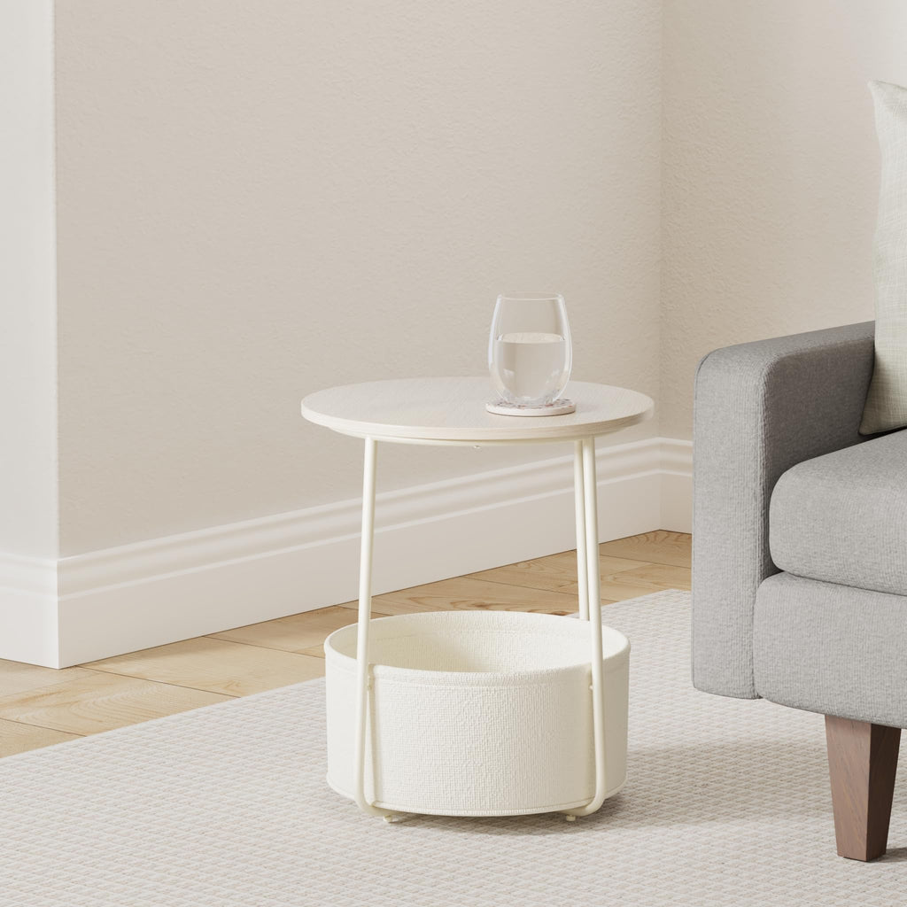 Vasagle End Table, Small Bedside Table With Fabric Basket, Modern Nightstand, Round Side Table, For Living Room, Bedroom, Cream White Ulet223K67