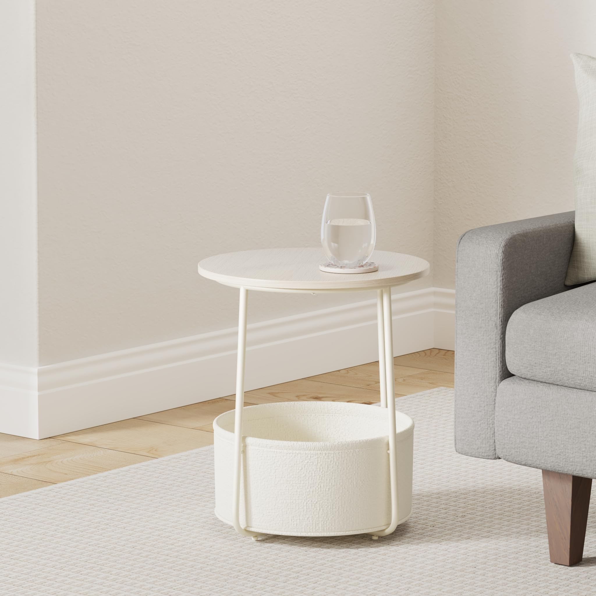 Vasagle End Table, Small Bedside Table With Fabric Basket, Modern Nightstand, Round Side Table, For Living Room, Bedroom, Cream White Ulet223K67