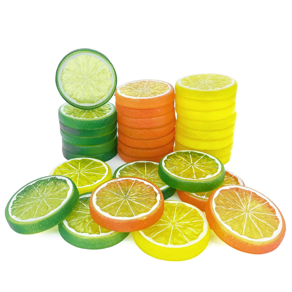 Lorigun 30pcs Fake Lemon Slice Garnish Artificial Fruit Faux Food House Bar Decoration Cocktail Party Arrangement(Red Green Yell