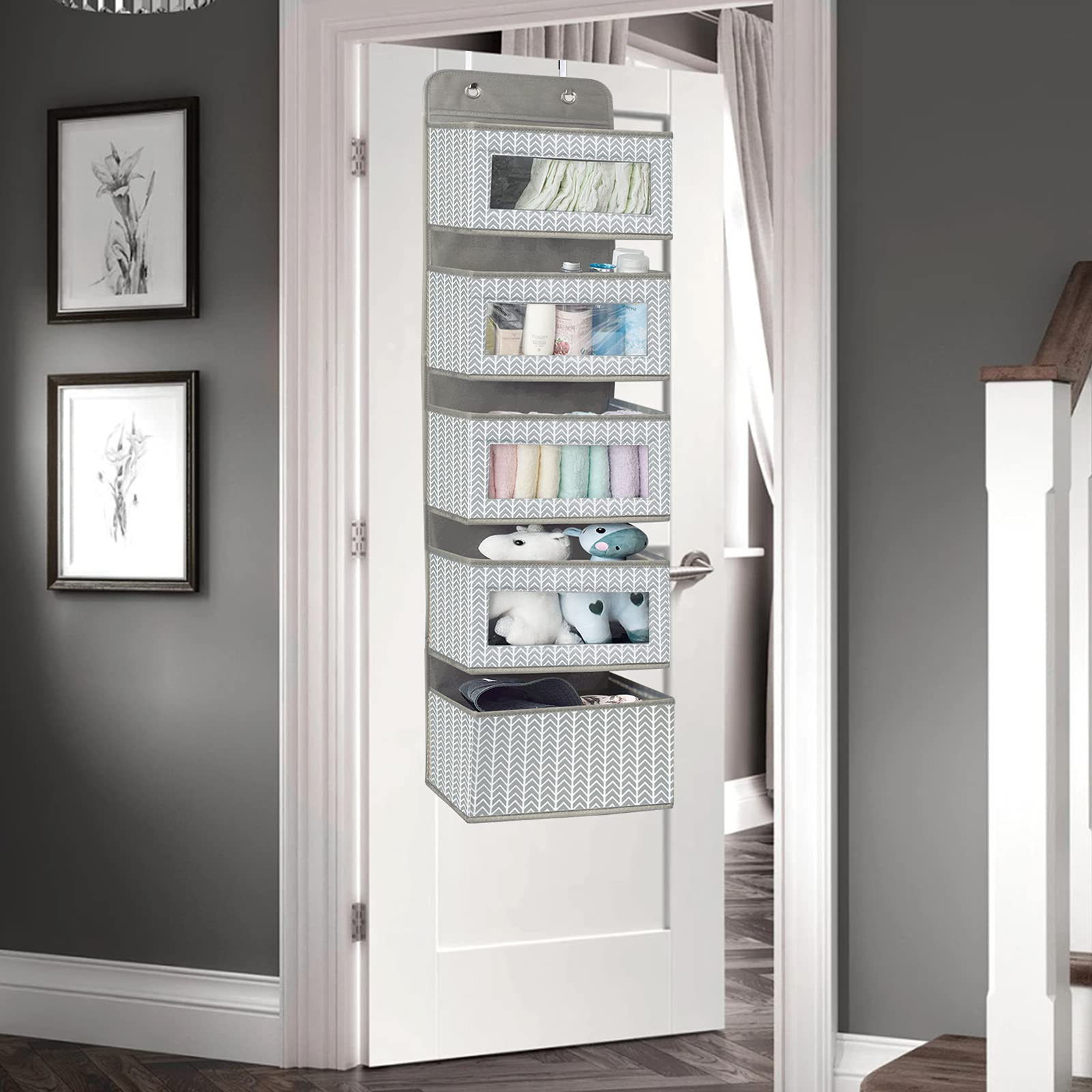 Over The Door Hanging Organizer With 5 Large Pockets - Wall Mount Pantry Storage With Clear Pvc Window & 2 Big Metal Hooks For C