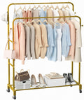 Sooyee Double Rod Clothing Rack with Wheels,3 Tier Garment Racks for Hanging Clothes,Portable Clothes Rack with 4 Hooks for Bedr
