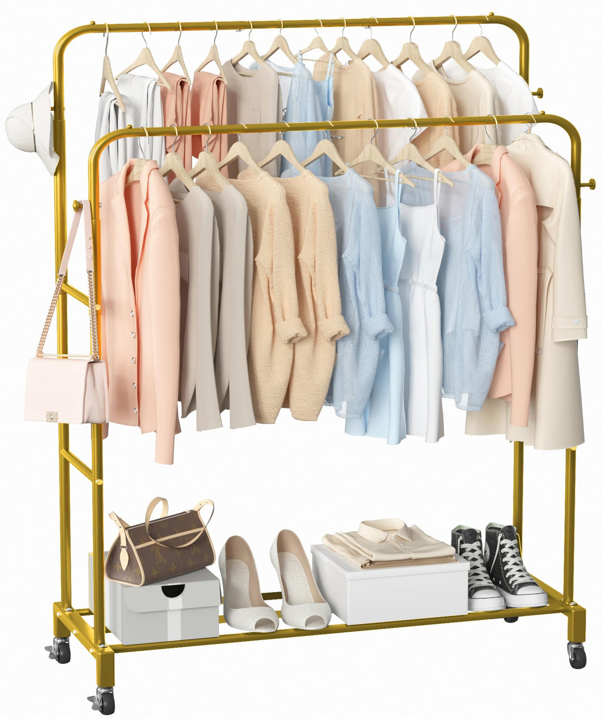 Sooyee Double Rod Clothing Rack with Wheels,3 Tier Garment Racks for Hanging Clothes,Portable Clothes Rack with 4 Hooks for Bedr