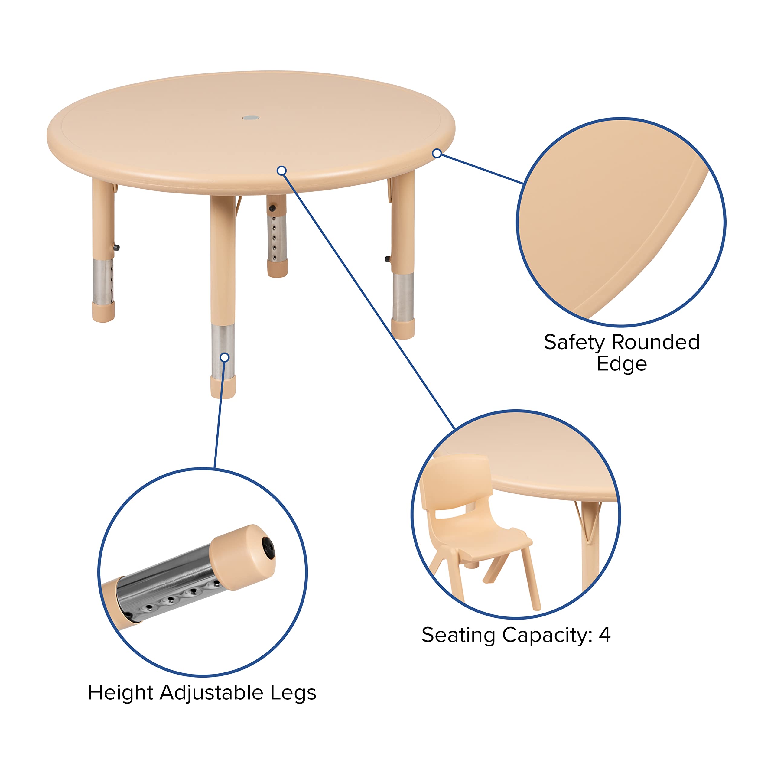 Flash Furniture Wren 33' Round Natural Plastic Height Adjustable With Rounded Safety Corners Activity Table With Rounded Safety Corners