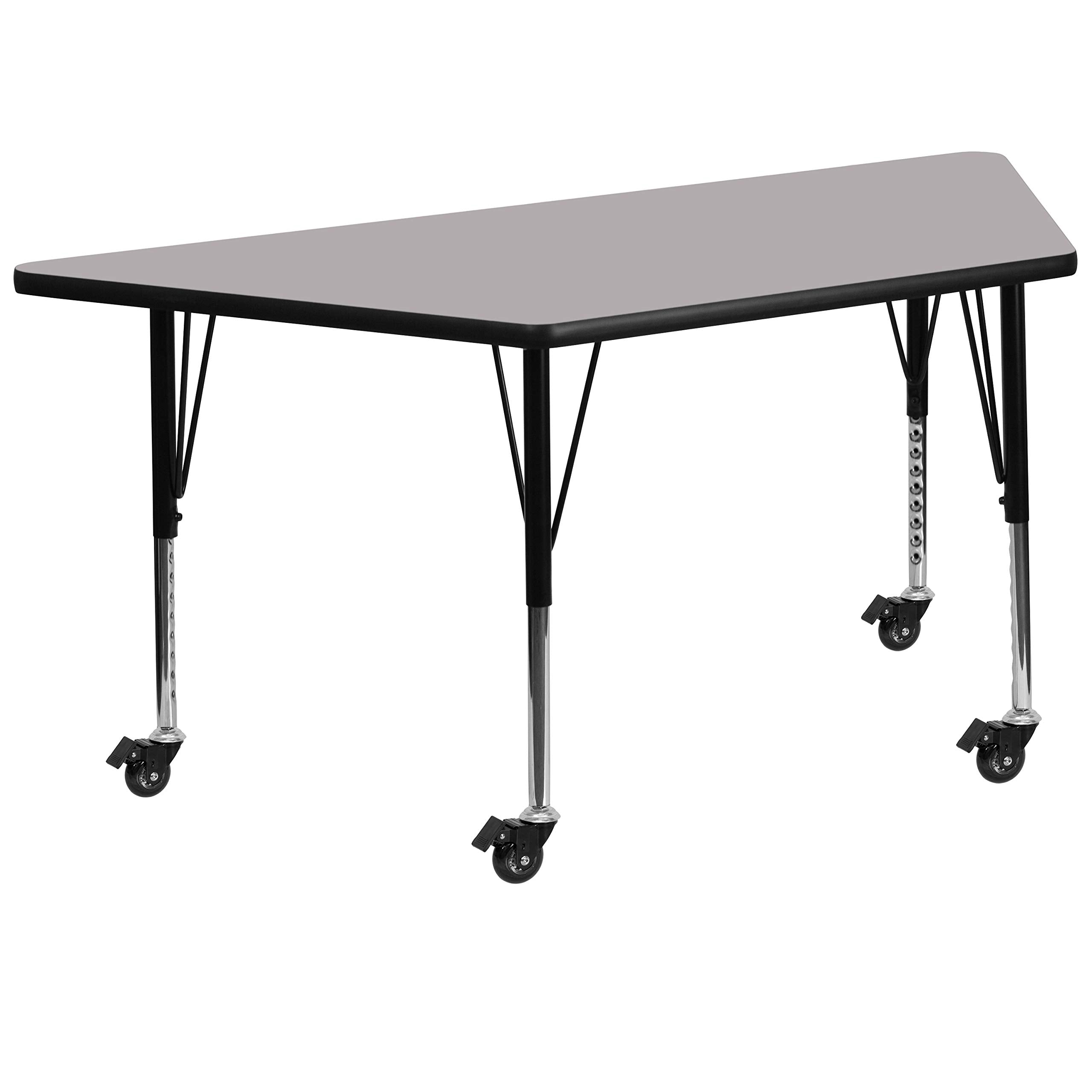 Flash Furniture Mobile 29.5W x 57.25L Trapezoid Grey Thermal Laminate Activity Table - Height Adjustable Short Legs