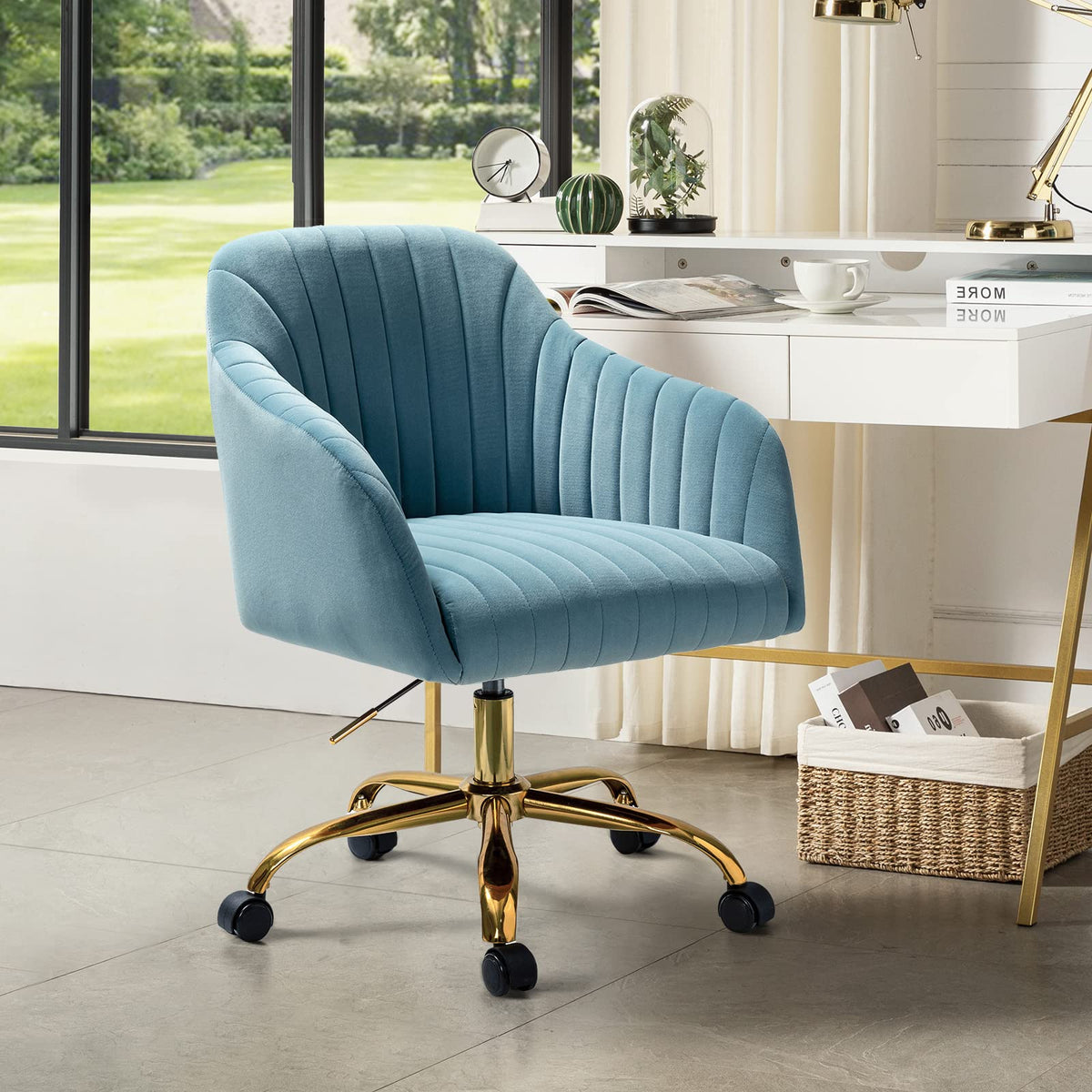 Hulala Home Velvet Home Office Desk Chair, Modern Cute Computer Task Chair, Wheels Swivel Height Adjustable Upholstered Vanity Chair For Women, Girls (Gold Base, Blue)