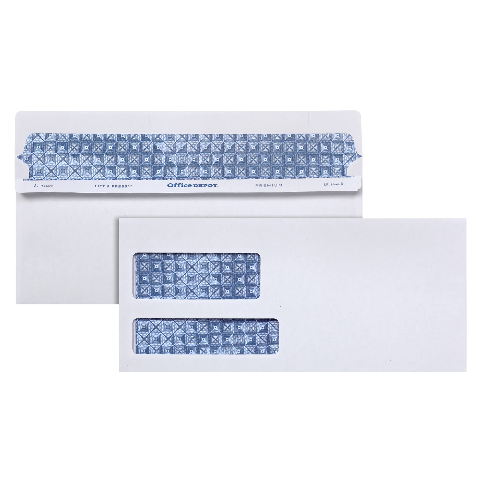 Office Depot 100% Recycled Lift Press(Tm) Double-Window Envelopes, #10 (4 1/8In. X 9 1/2In.), White, Box Of 500, 76133