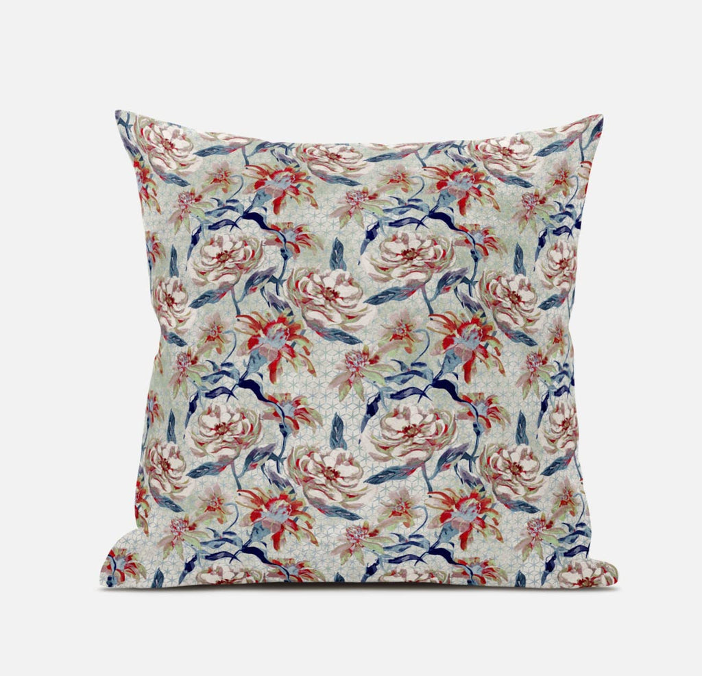 HomeRoots Light Blue Red 16' Red Indigo Roses Zippered Suede Throw Pillow
