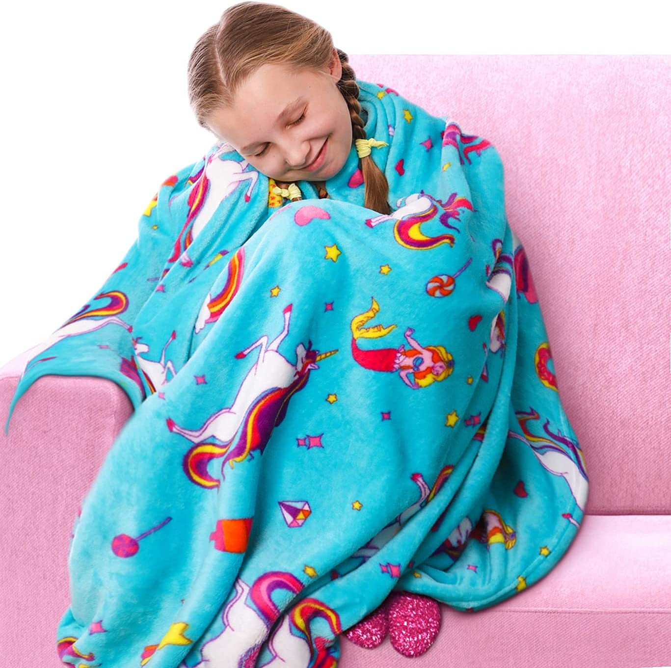 Girlzone Unicorn Fleece Blankets For Girls, Large Fluffy Blankets For Teen Girls With Cute Unicorn And Mermaid Designs, Great Un