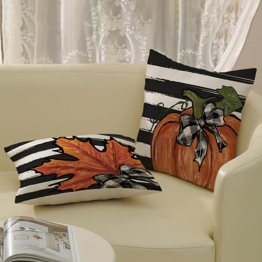 Gohdiwh Fall Pillow Covers 20X20 Set Of 2 Orange Pumpkin Maple Leaves Stripes Fall Decor Pillowcase Autumn Harvest Decorative Ou