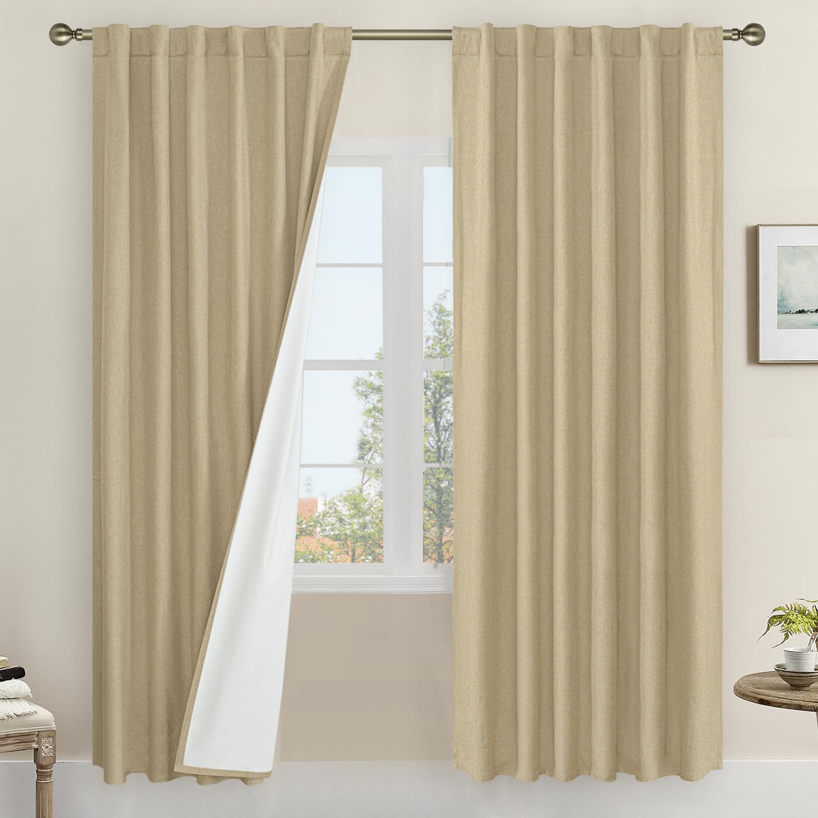 Lamit Natural 100% Blackout Linen Curtains, 72 Inches Linen Textured Living Room Farmhouse Curtains Full Room Darkening Back Tab