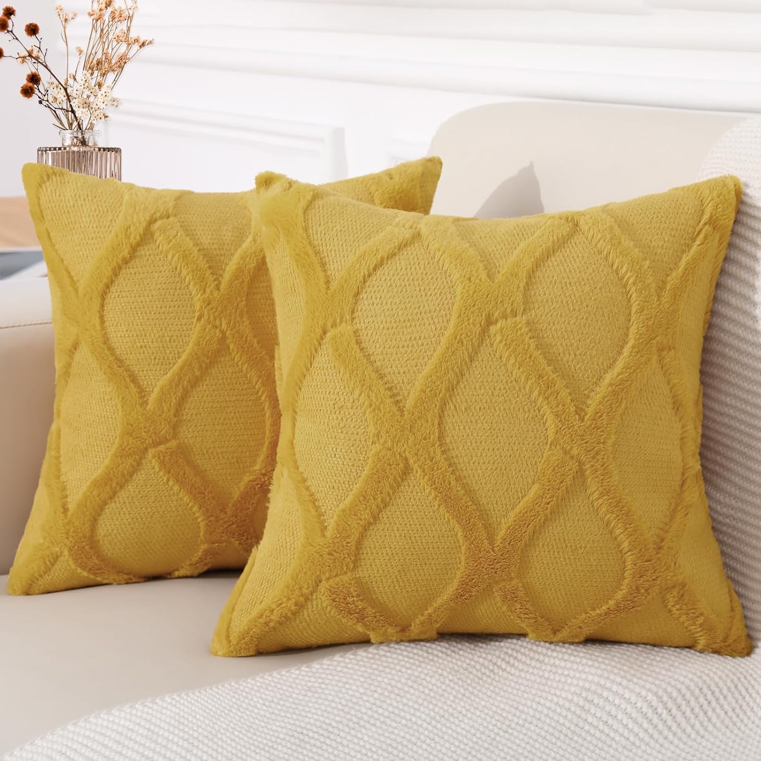 Decoruhome Throw Pillow Covers 24X24 Inch Set Of 2, Soft Plush Faux Fur Wool Mustard Yellow Couch Pillow Covers, Decorative Pillow Cases For Bed Sofa Living Room Home Decor