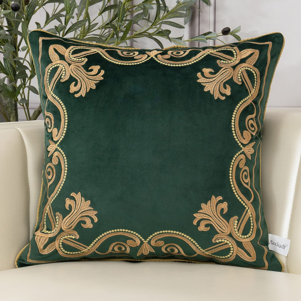 Aeckself Velvet Throw Pillow Cover 16 x 16 Inch, Embroidery Floral Design, Dark Emerald Green