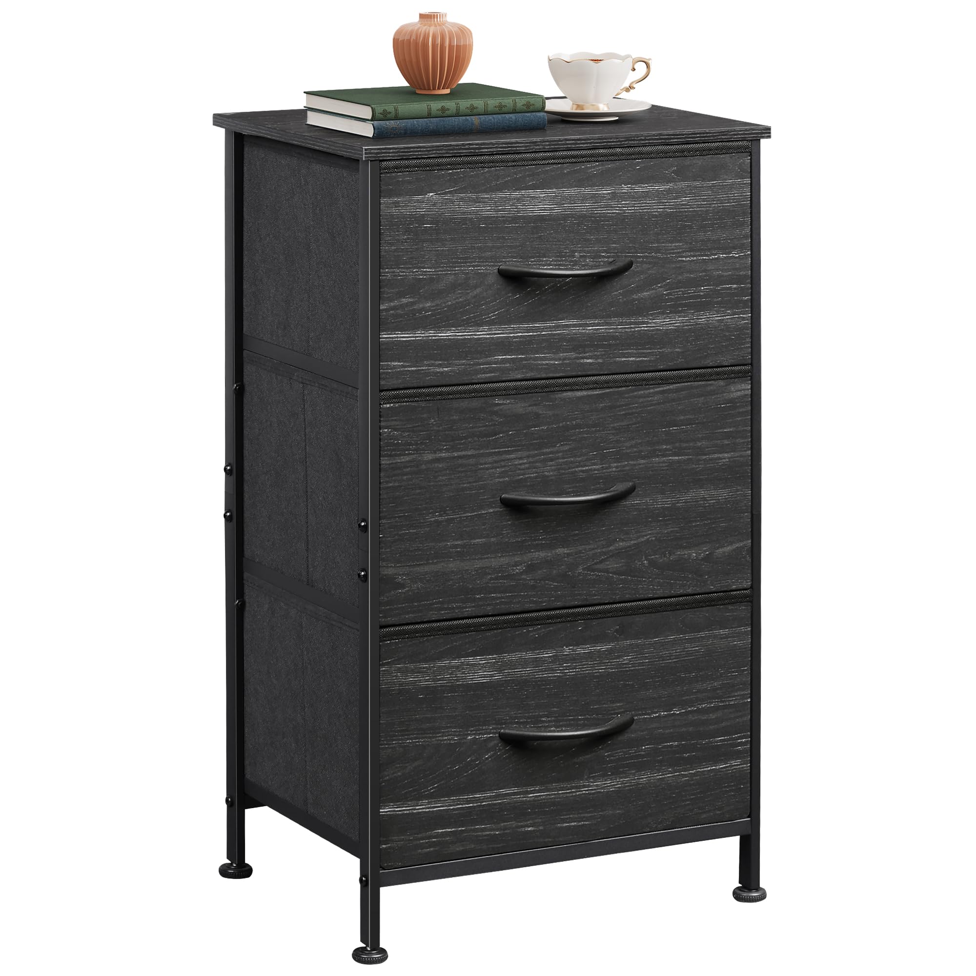 Wlive Nightstand With 3 Drawers, Fabric Dresser, Organizer Unit, Storage Dresser For Bedroom, Hallway, Entryway, Closets, Steel Frame, Wood Top, Easy Pull Handle, Charcoal Black Wood Grain Print
