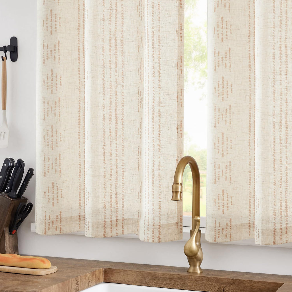 Jinchan Boho Kitchen Curtains Linen Tier Curtains 45 Inch Long Bohemian Cafe Curtains Geometric Striped Small Window Curtains Farmhouse Country For Bathroom Rv Light Filtering 2 Panels Taupe On Beige