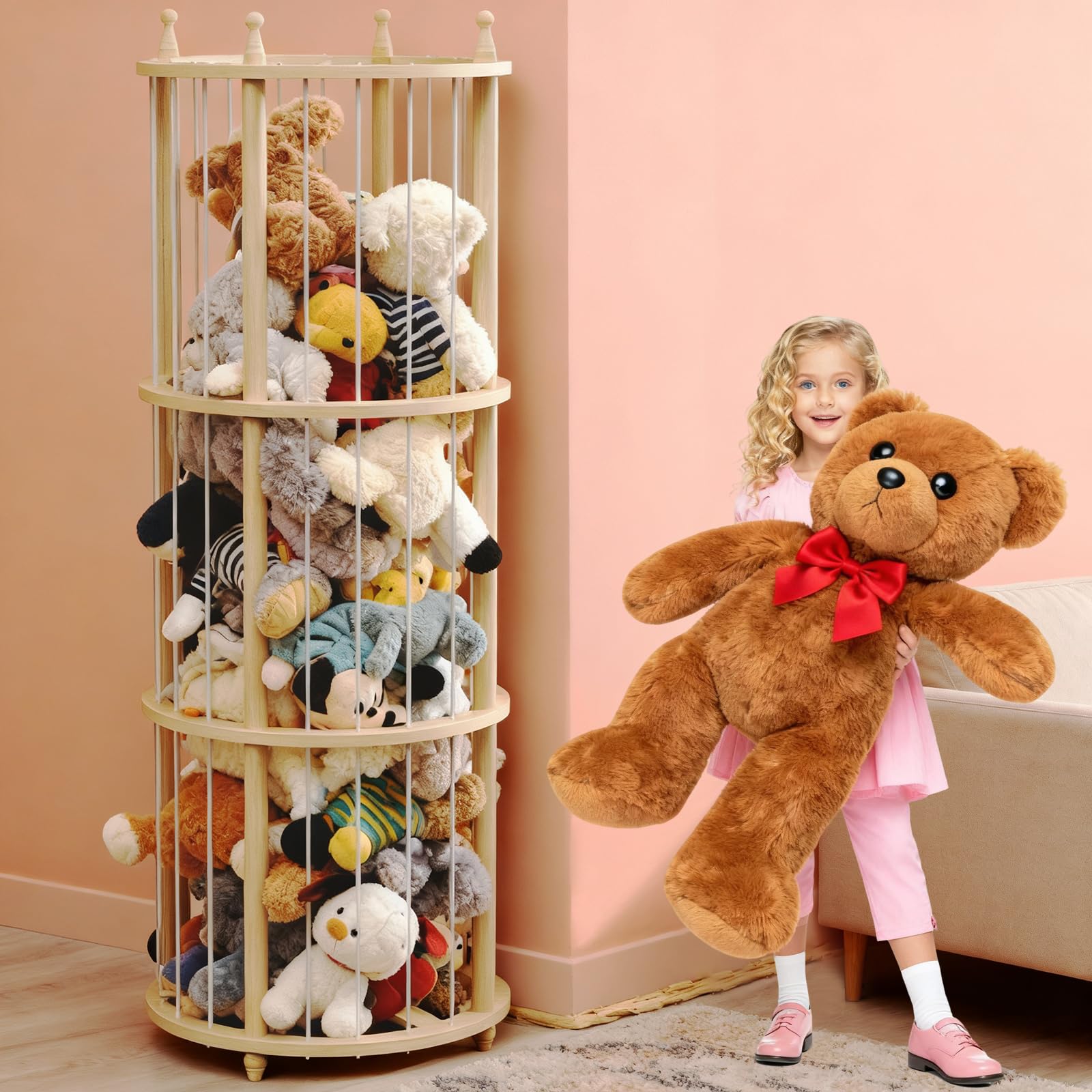 sugitek Extra Large Wooden Stuffed Animal Storage Zoo, Natural Wood Stuffy Animal Holder, Space-Saving Plushies Storage for Play