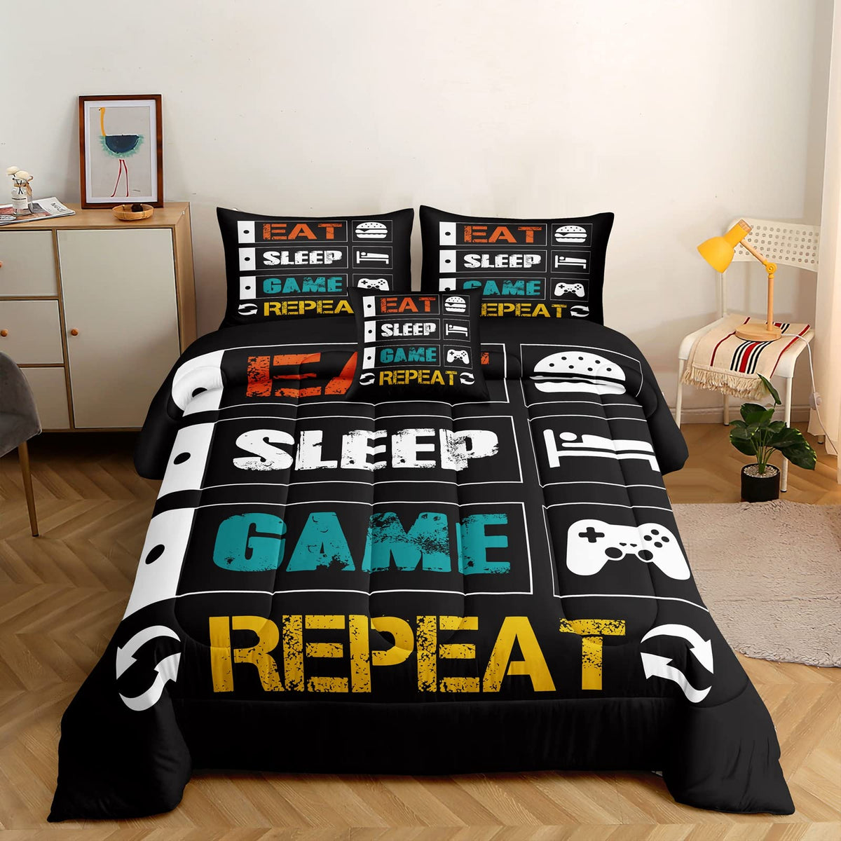 Rowadalo 6 Pieces Gaming Bedding Set For Boys Gamer Comforter Set Queen Size,Game Controller Comforter For Boys Kids Teen 3D Gam