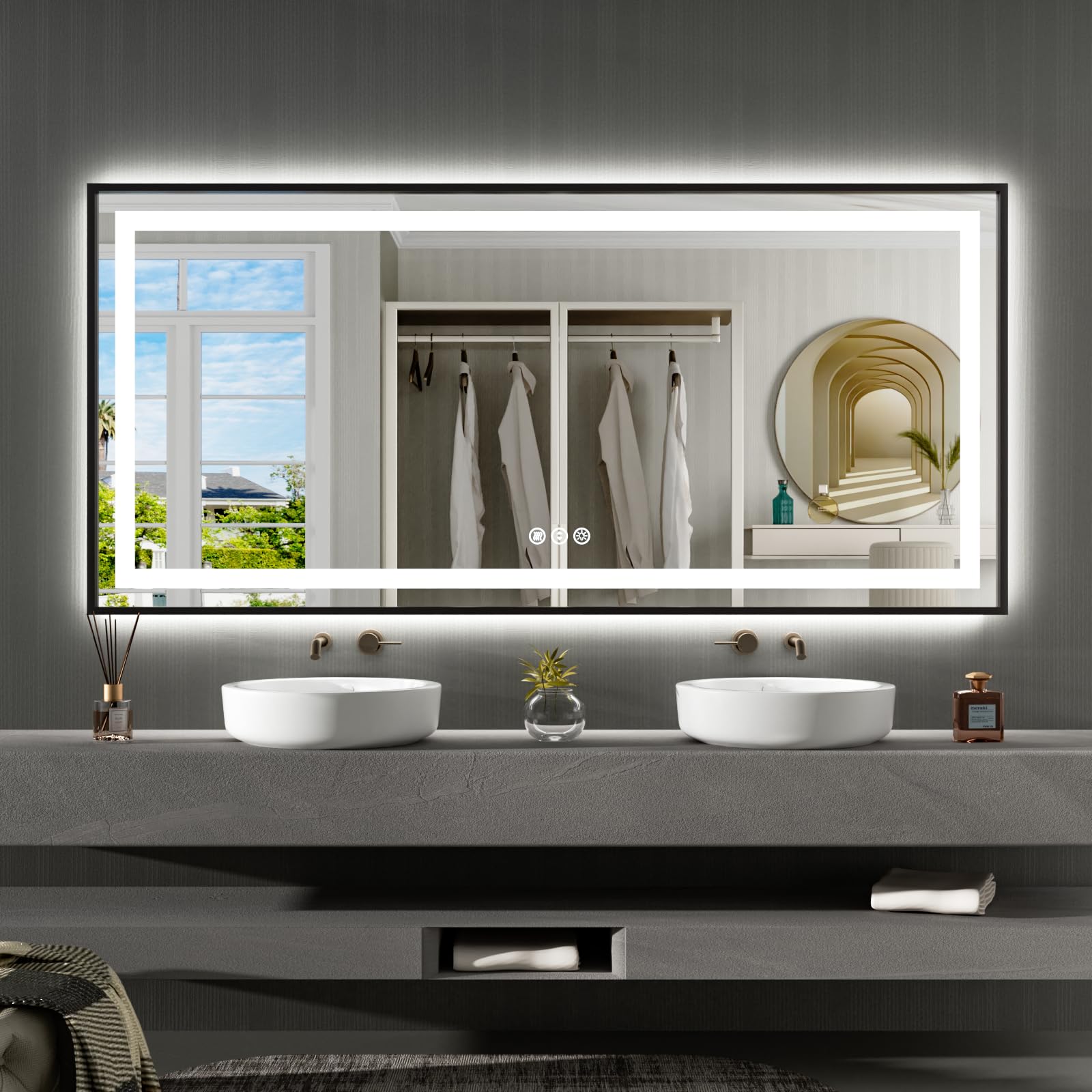 Amorho 60''x 30'' LED Bathroom Mirror Framed, Front Light and Backlit, Stepless Dimmable, Anti-Fog, Shatter-Proof, Memory, 3 Col