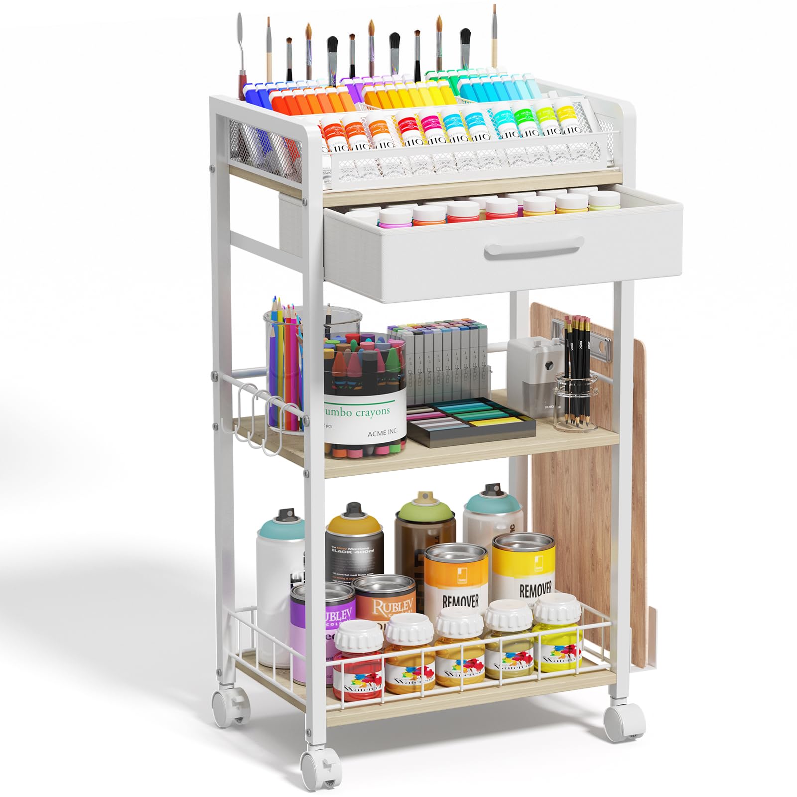 Homsorout 3 Tier Rolling Cart - Metal Utility Cart with Storage Drawer and Wheels, Versatile Art & Craft Organizer for Home, Off