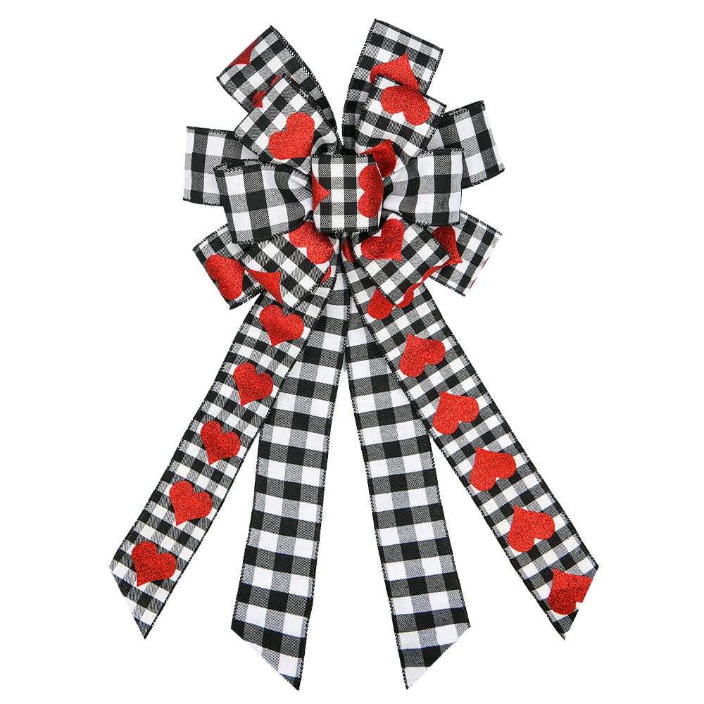 Threetols Large Valentine's Day Wreath Bows, Black White Buffalo Plaid Bows Wreath for Front Door Red Glitter Heart Decoration B