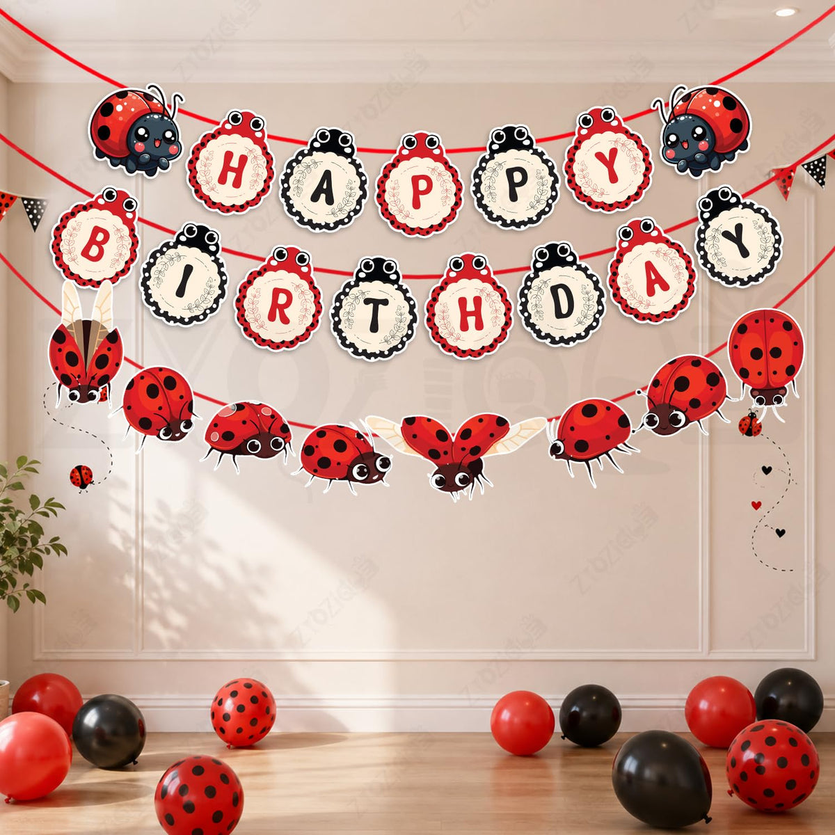Zyozique Ladybug Theme Happy Birthday Paper Banner & Character Paper Banner, Red & Black, Party Decorations with Garland, Ladybu
