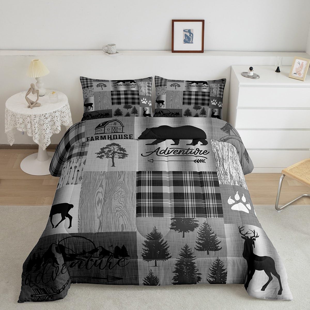 Castle Fairy Deer Bear Comforter Set Queen,Pine Animals Plants Quilt Set For Kids Boys Adults Room Decor,Grey Geometric Plaid Pa